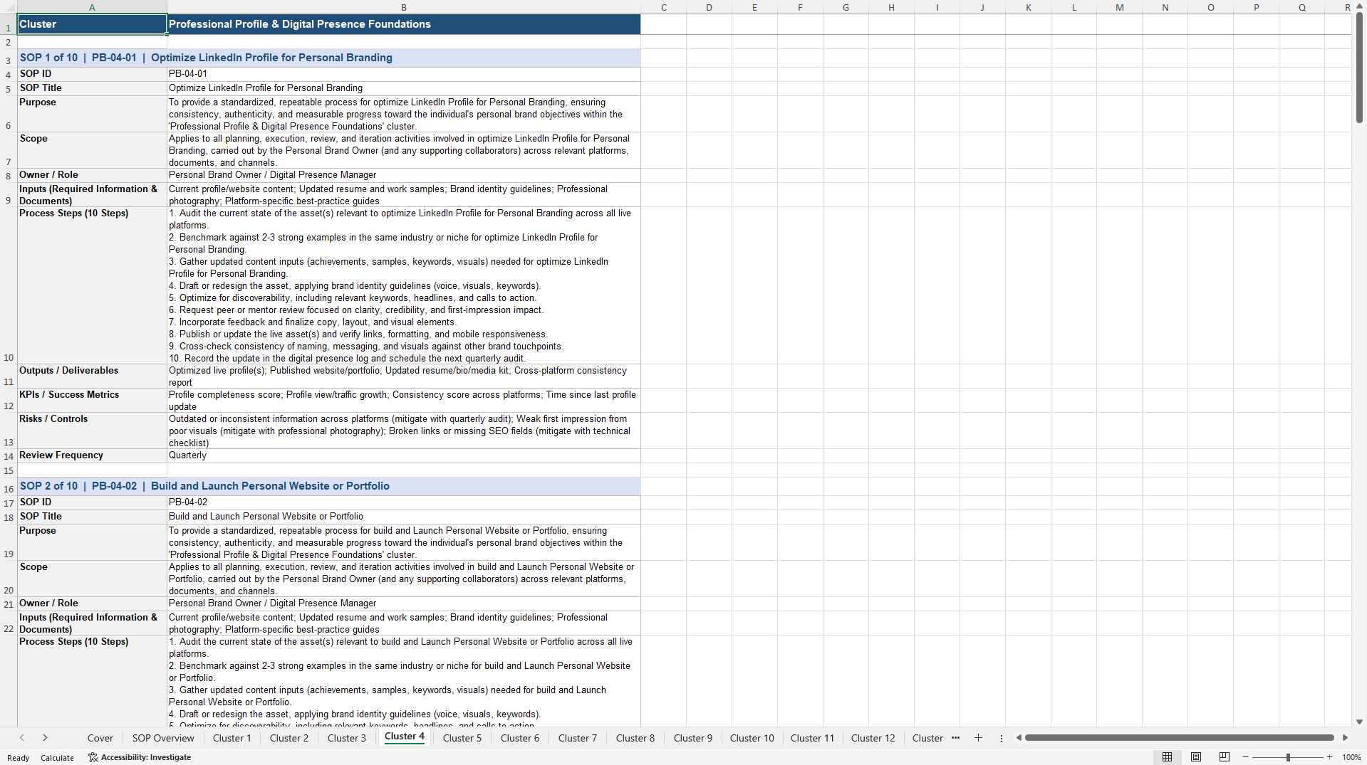 100+ Personal Branding SOPs (Excel template (XLSX)) Preview Image