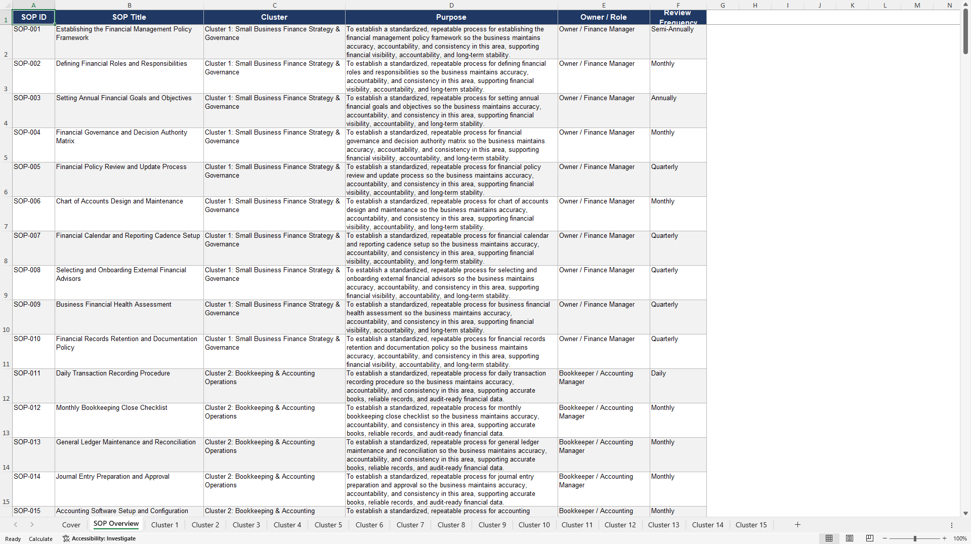 100+ Small Business Finance SOPs (Excel template (XLSX)) Preview Image