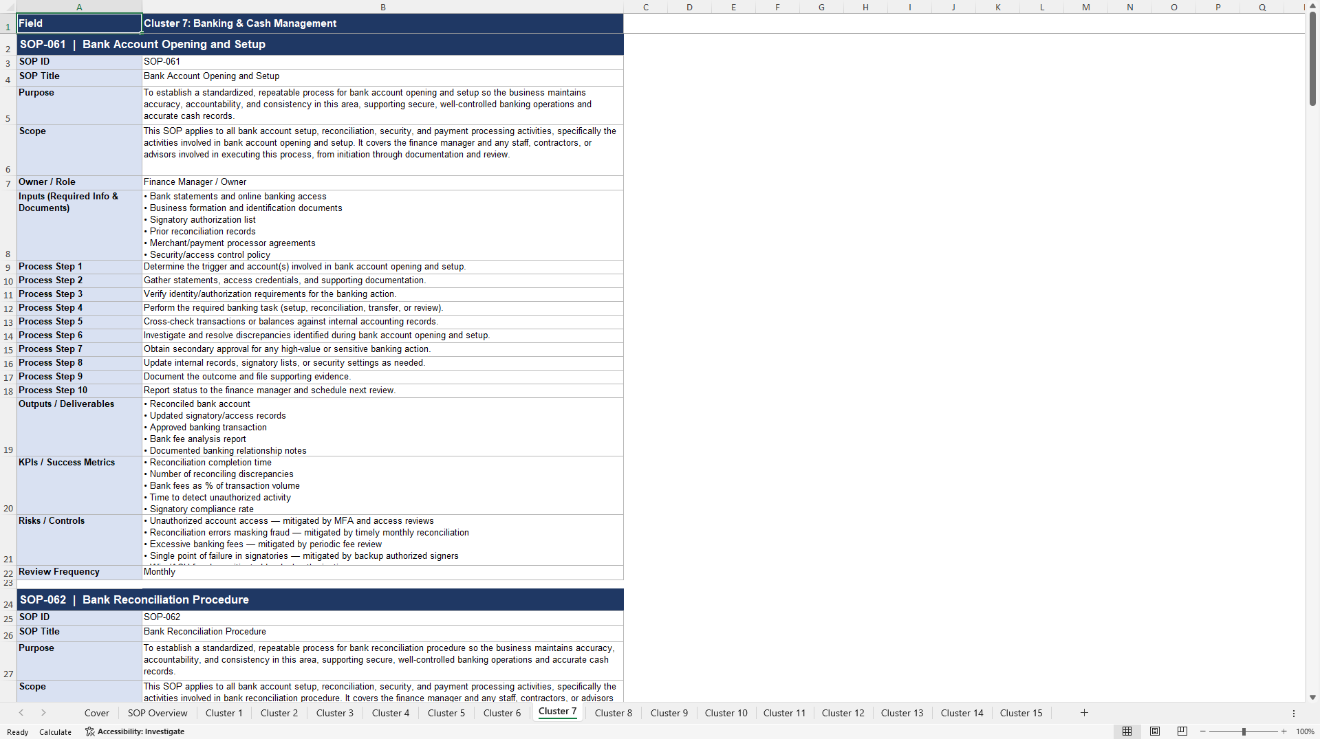 100+ Small Business Finance SOPs (Excel template (XLSX)) Preview Image