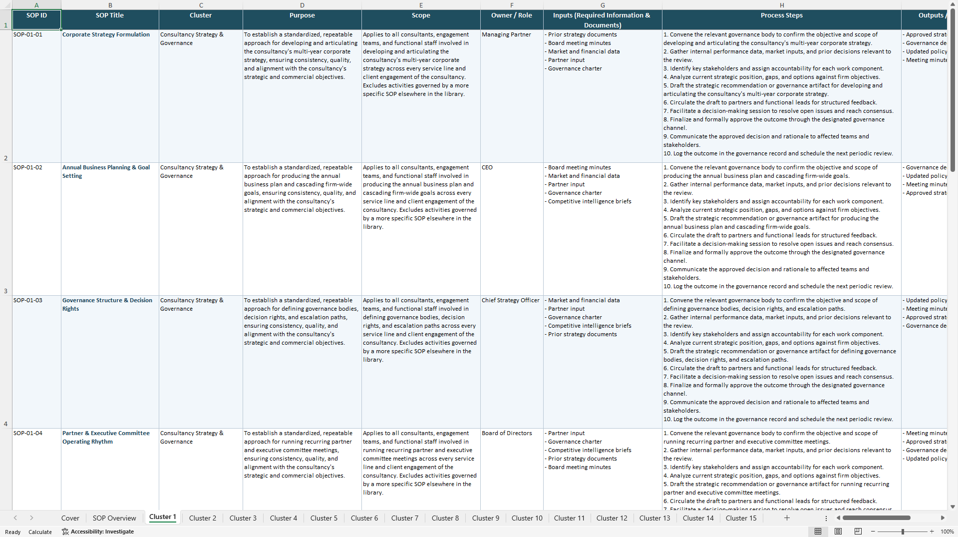 100+ Full Services Consultancy SOPs (Excel template (XLSX)) Preview Image