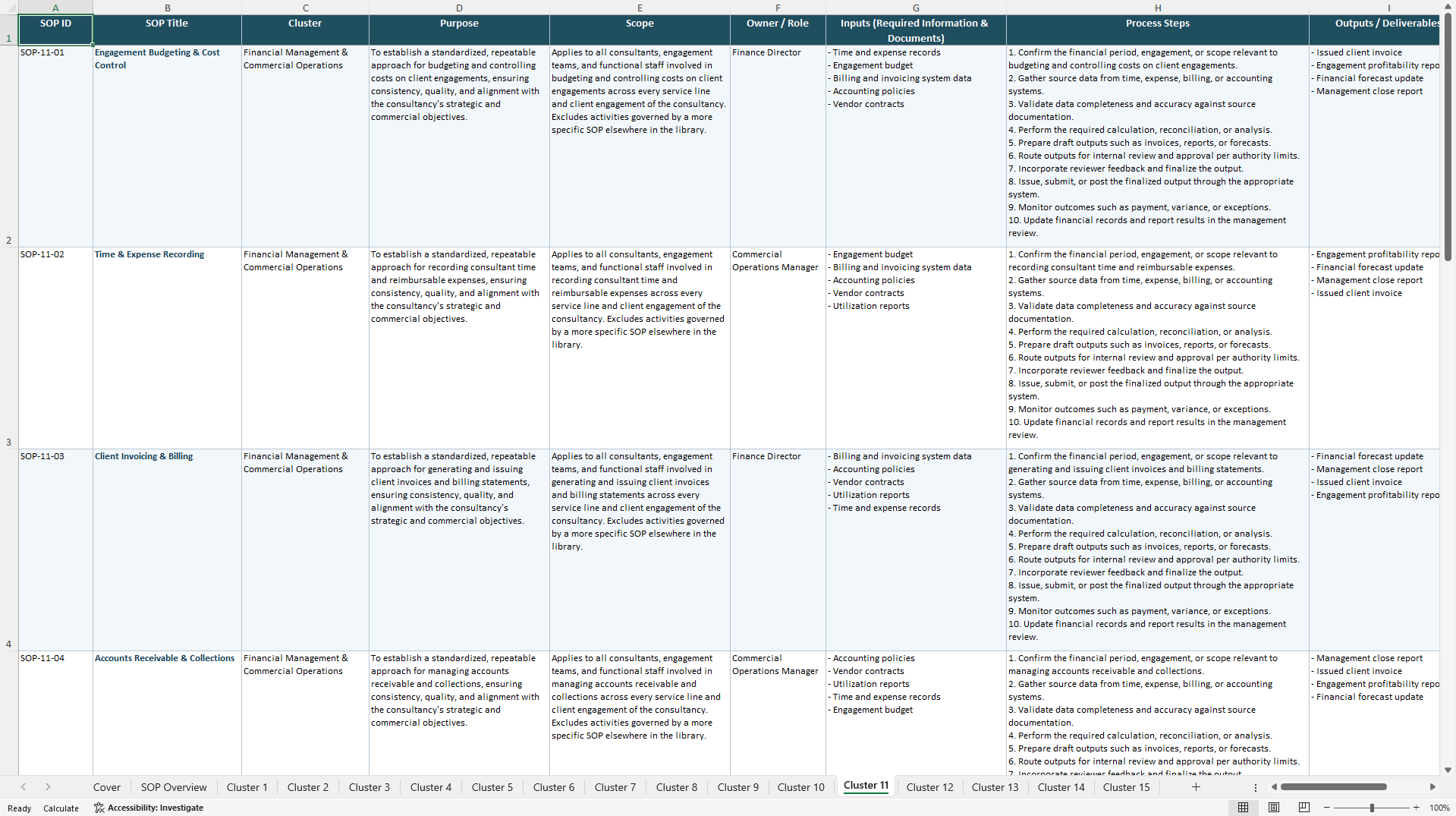100+ Full Services Consultancy SOPs (Excel template (XLSX)) Preview Image