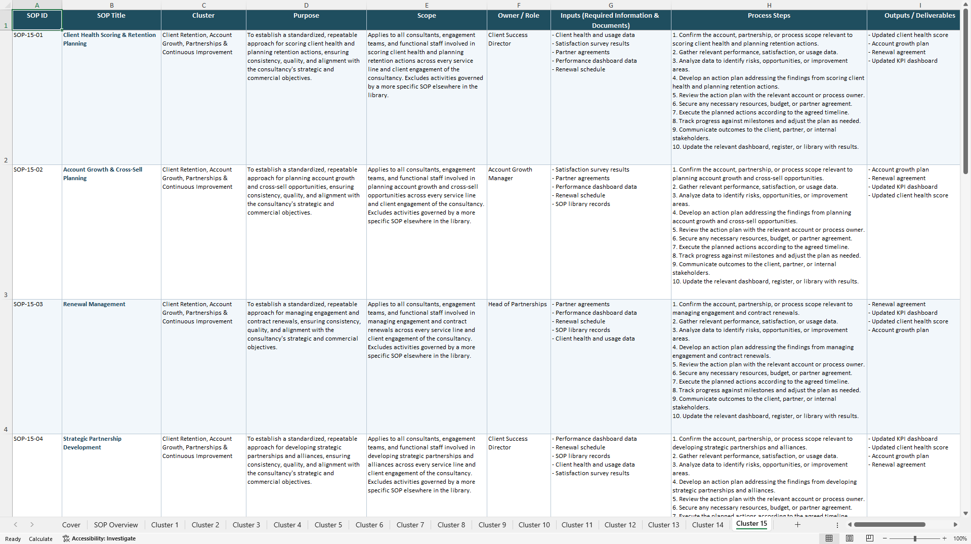 100+ Full Services Consultancy SOPs (Excel template (XLSX)) Preview Image