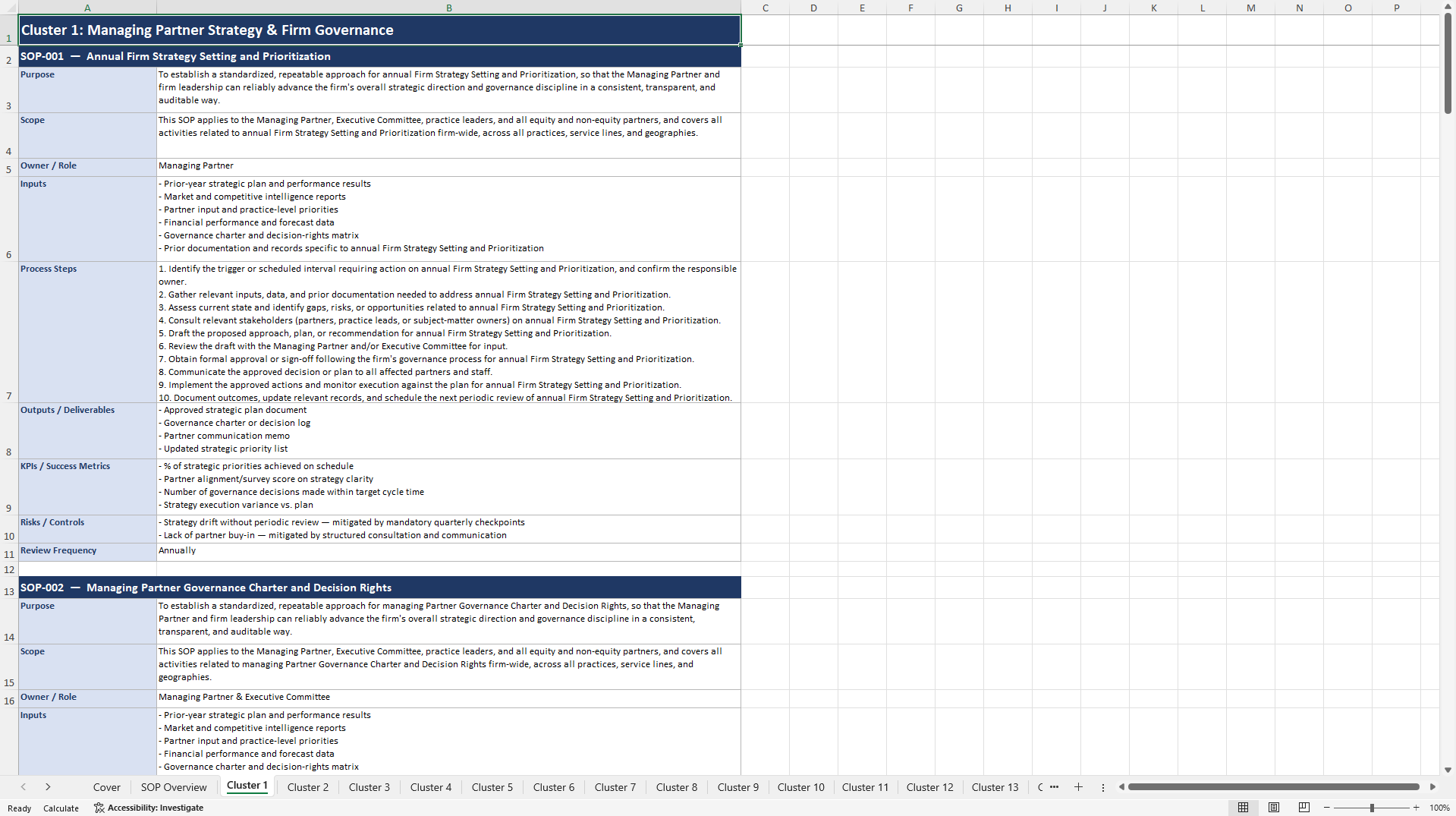100+ Consulting Firm Managing Partner SOPs (Excel template (XLSX)) Preview Image