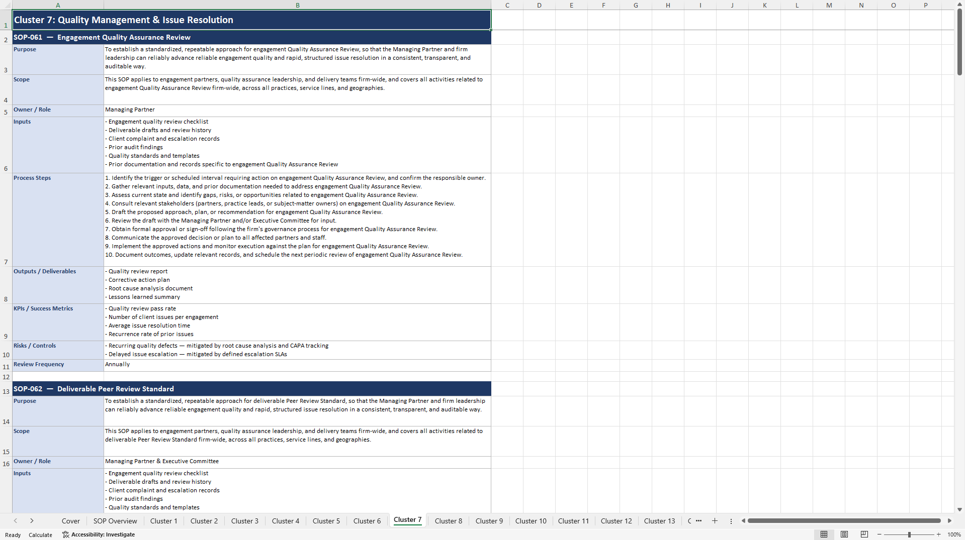 100+ Consulting Firm Managing Partner SOPs (Excel template (XLSX)) Preview Image