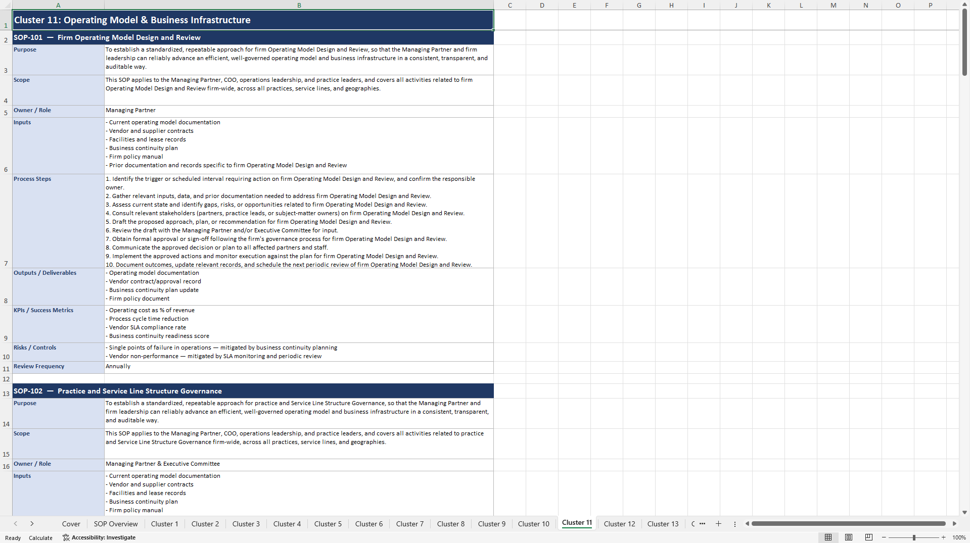 100+ Consulting Firm Managing Partner SOPs (Excel template (XLSX)) Preview Image