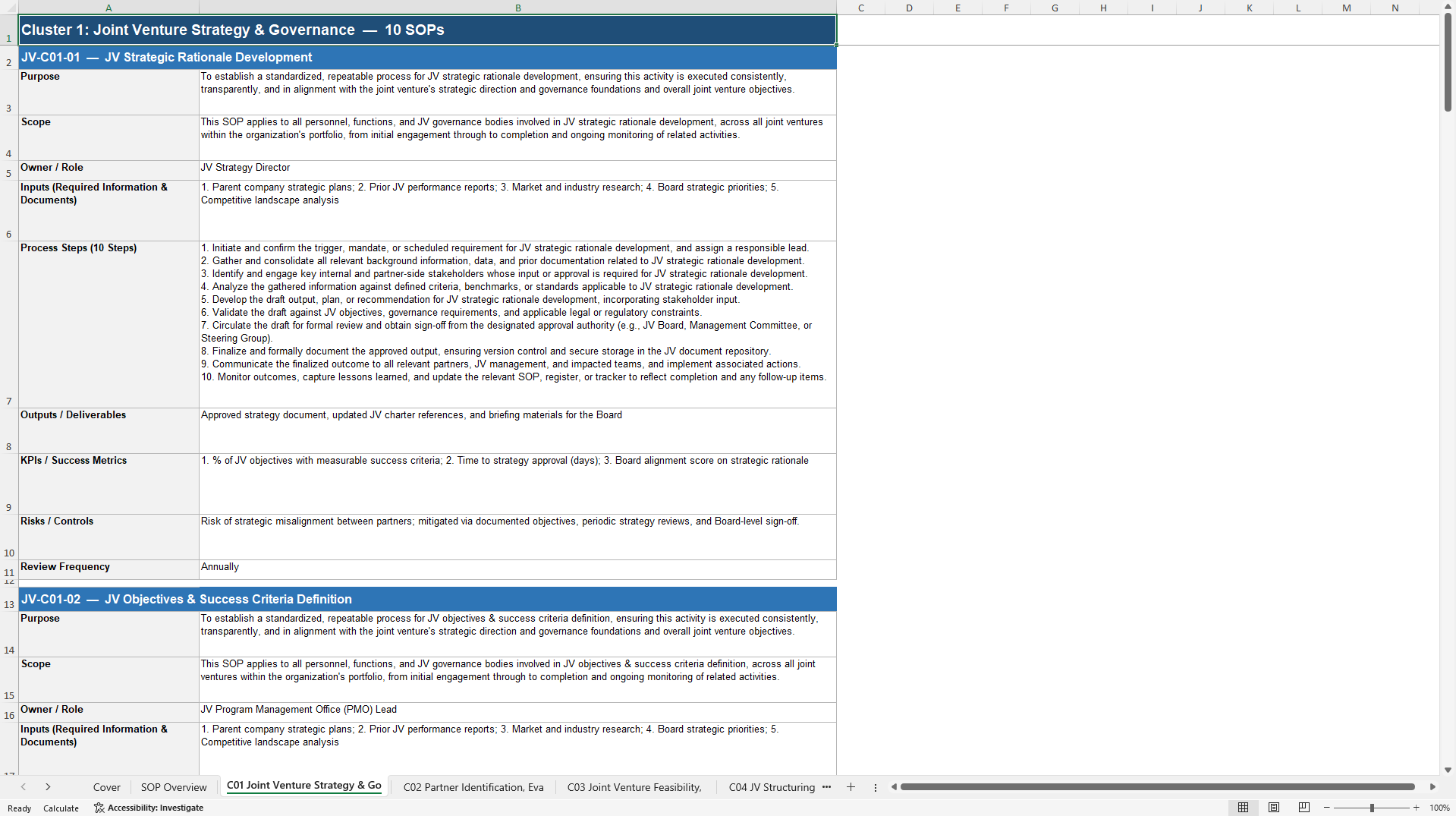 100+ Joint Venture SOPs (Excel template (XLSX)) Preview Image