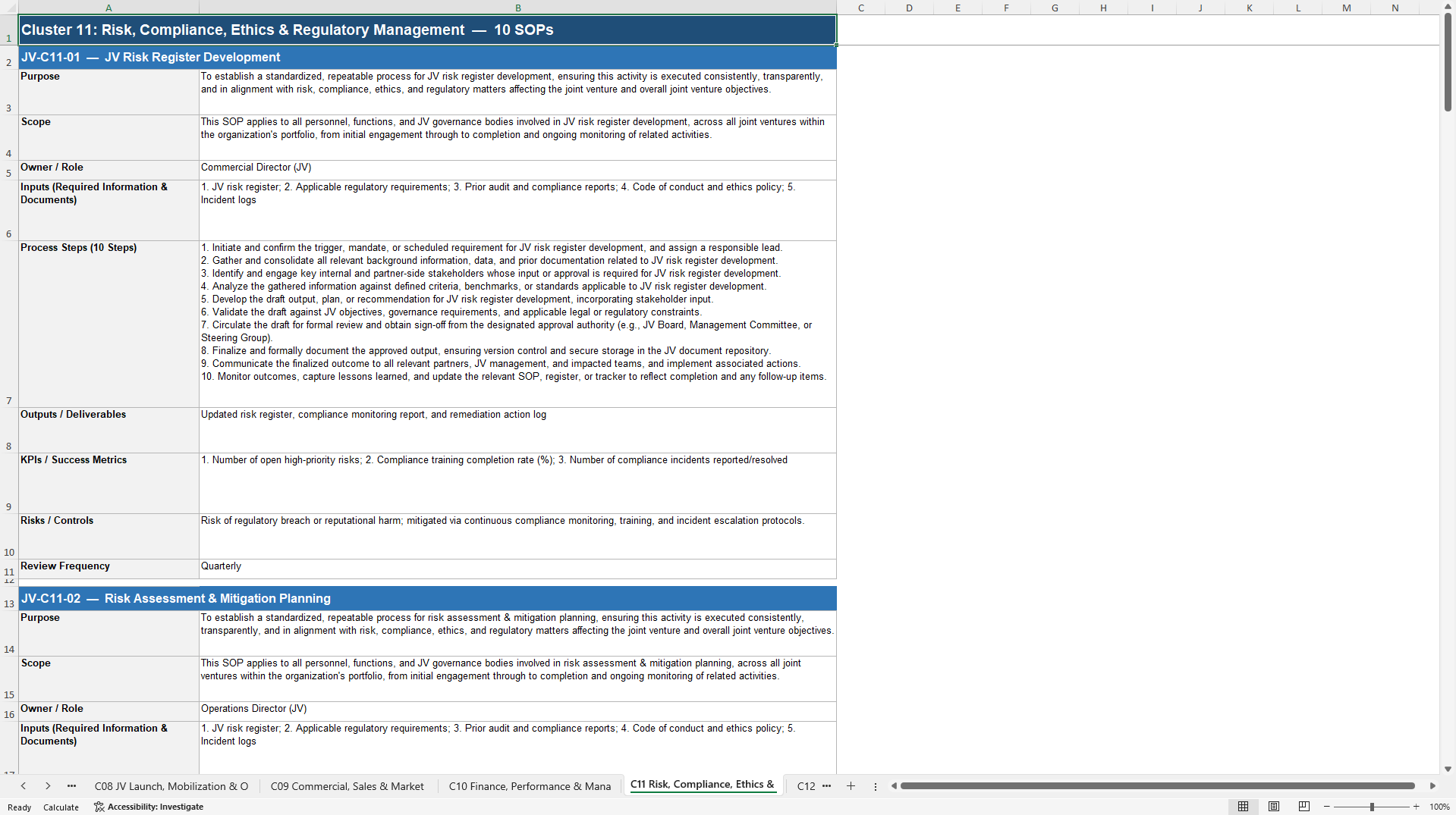 100+ Joint Venture SOPs (Excel template (XLSX)) Preview Image