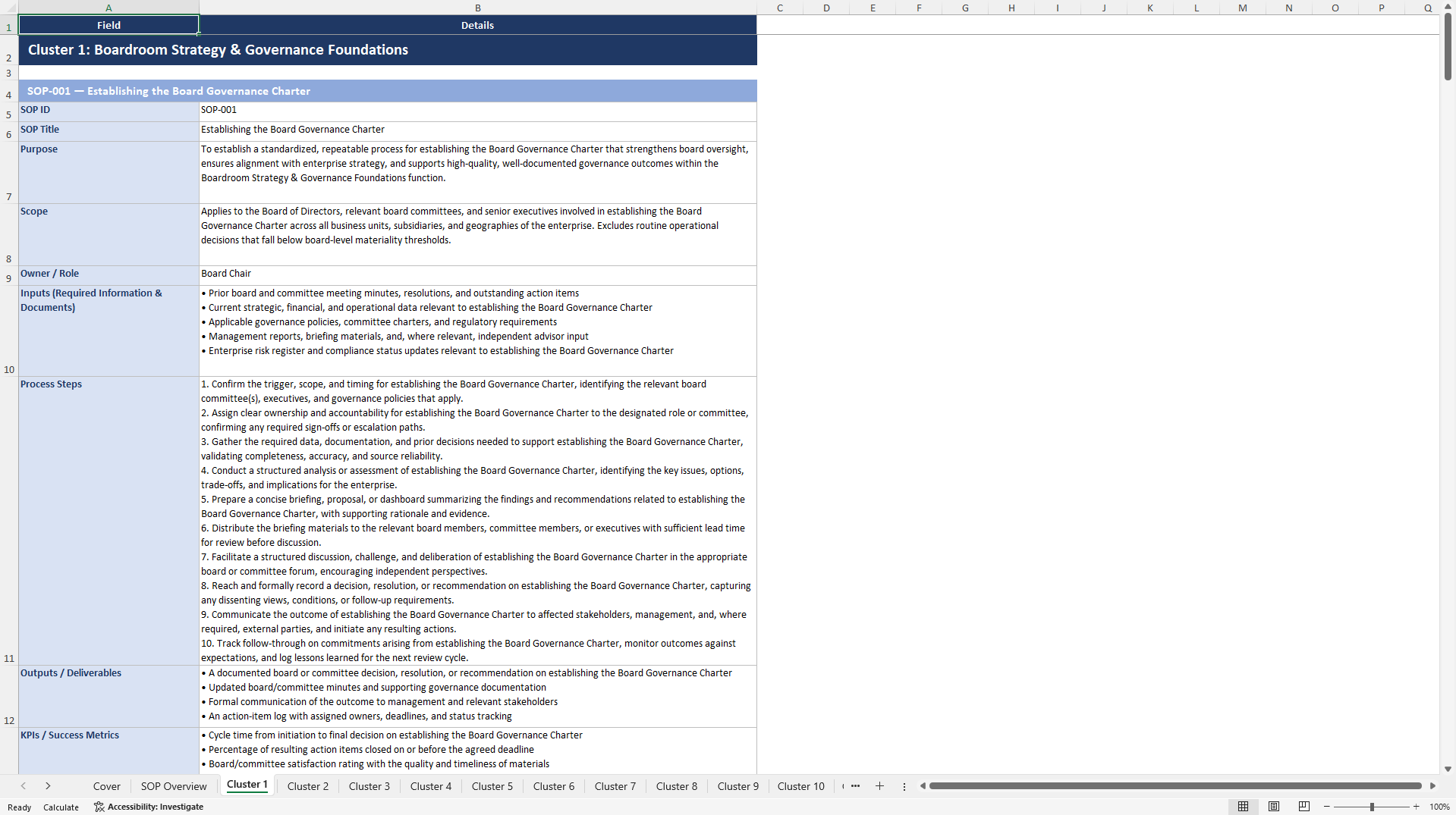 100+ Boardroom Strategy SOPs (Excel template (XLSX)) Preview Image