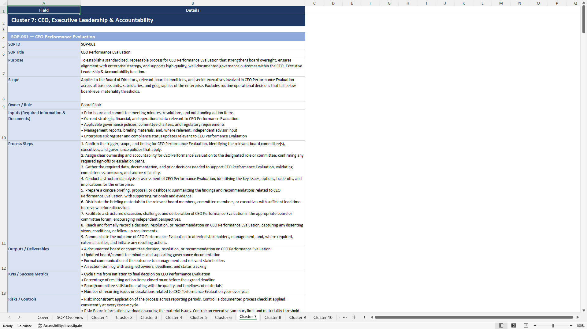 100+ Boardroom Strategy SOPs (Excel template (XLSX)) Preview Image