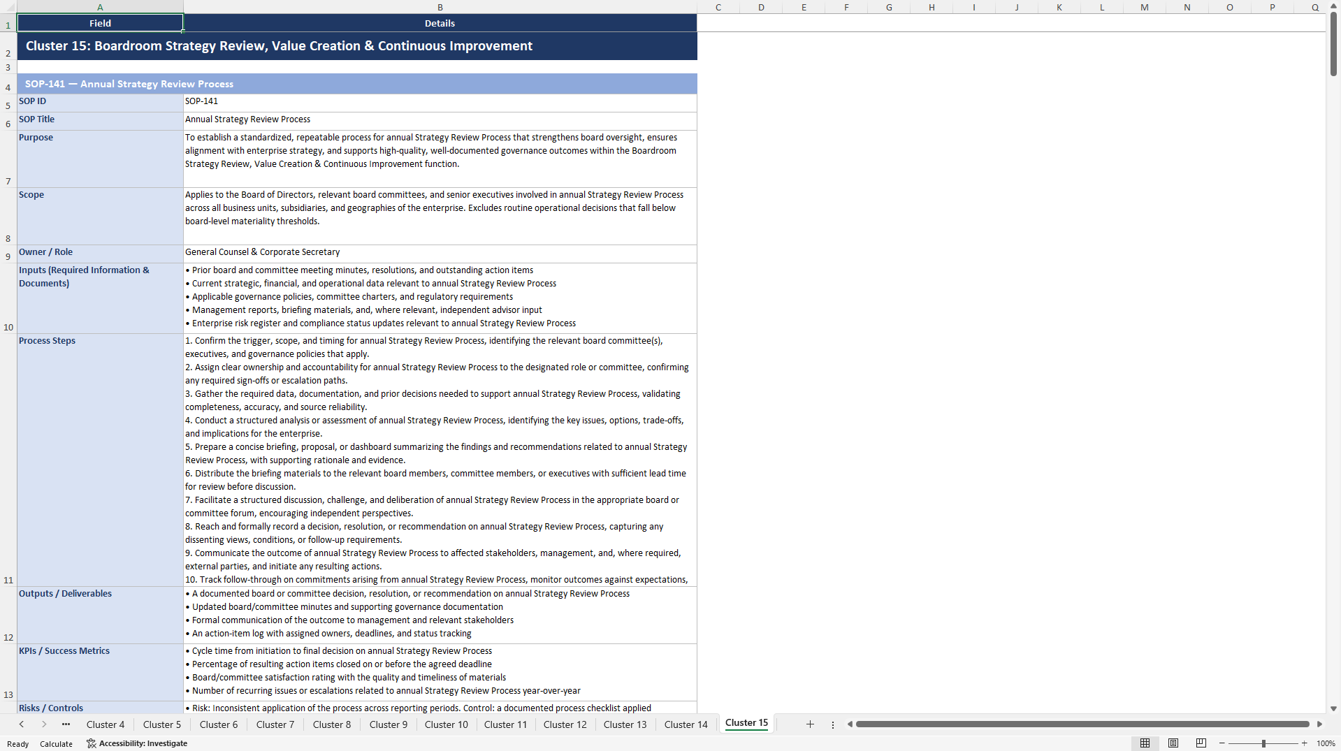 100+ Boardroom Strategy SOPs (Excel template (XLSX)) Preview Image