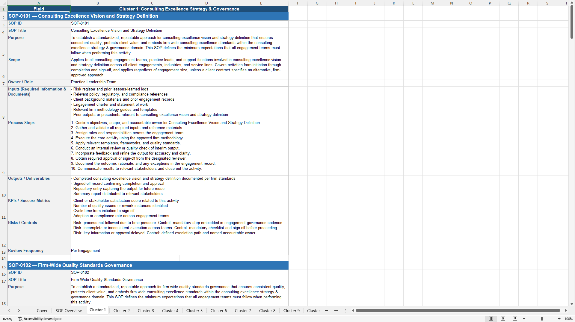 100+ Consulting Excellence SOPs (Excel template (XLSX)) Preview Image
