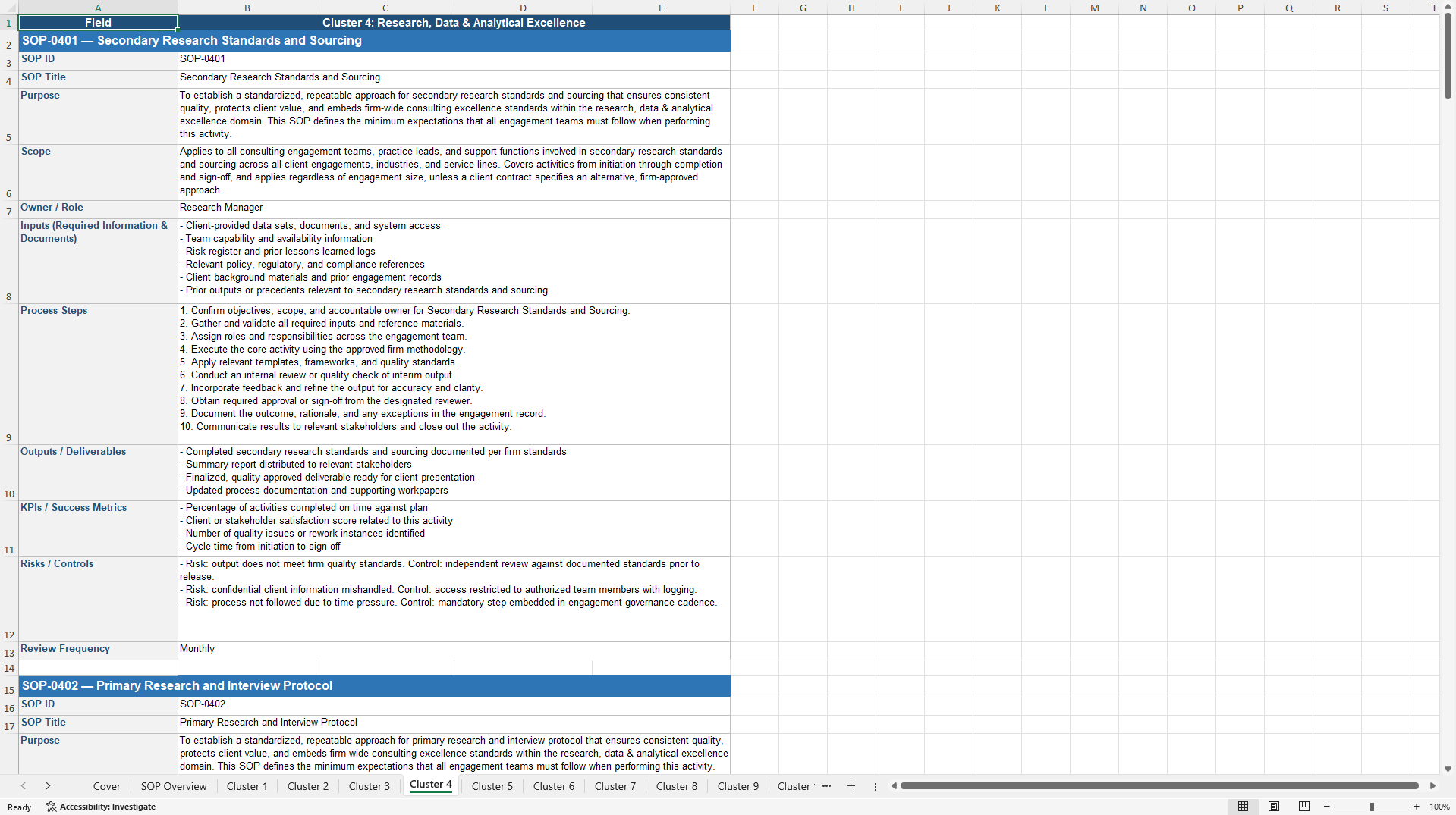 100+ Consulting Excellence SOPs (Excel template (XLSX)) Preview Image