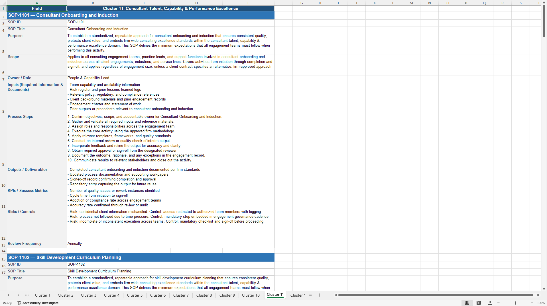 100+ Consulting Excellence SOPs (Excel template (XLSX)) Preview Image