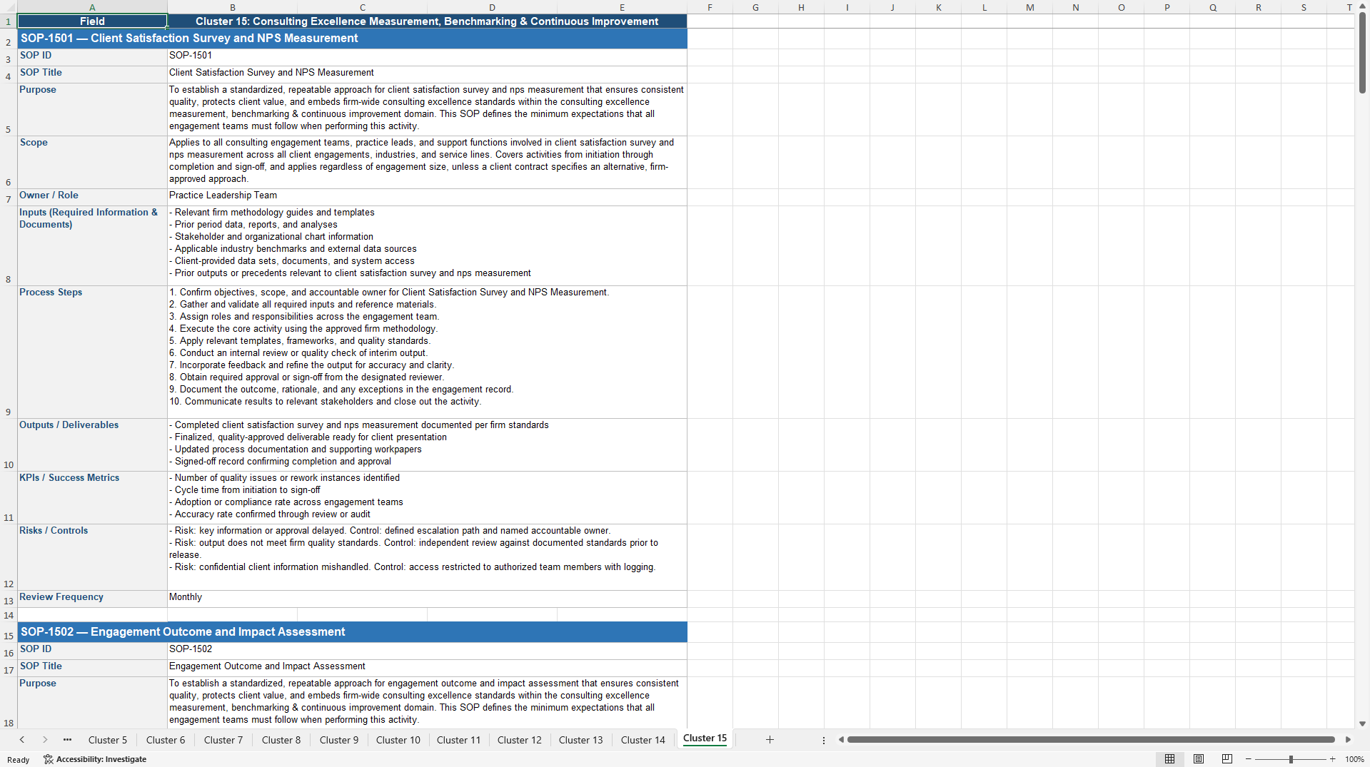 100+ Consulting Excellence SOPs (Excel template (XLSX)) Preview Image
