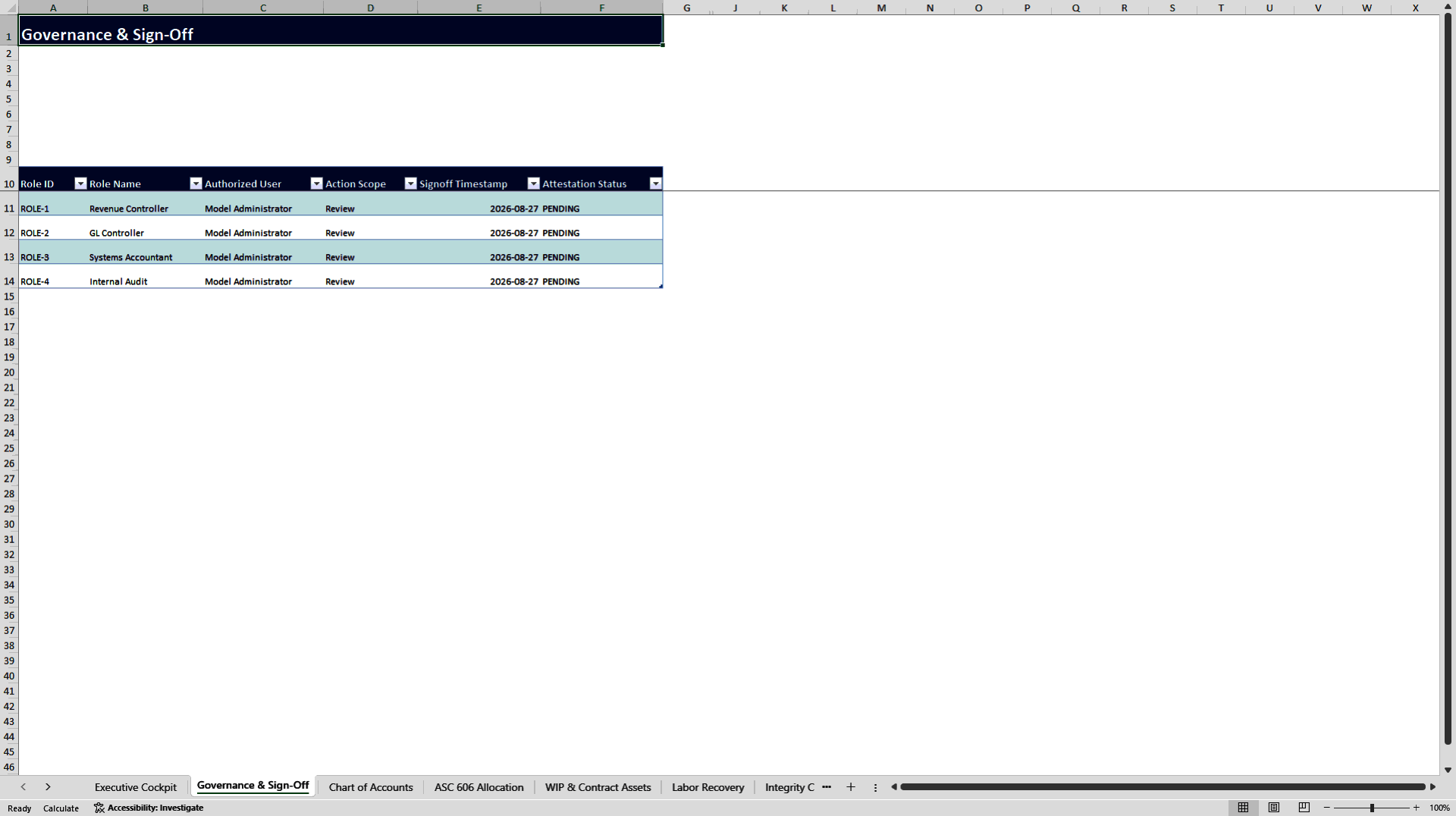 Enterprise ASC 606 Revenue Recognition Control Tower (Excel template (XLSX)) Preview Image