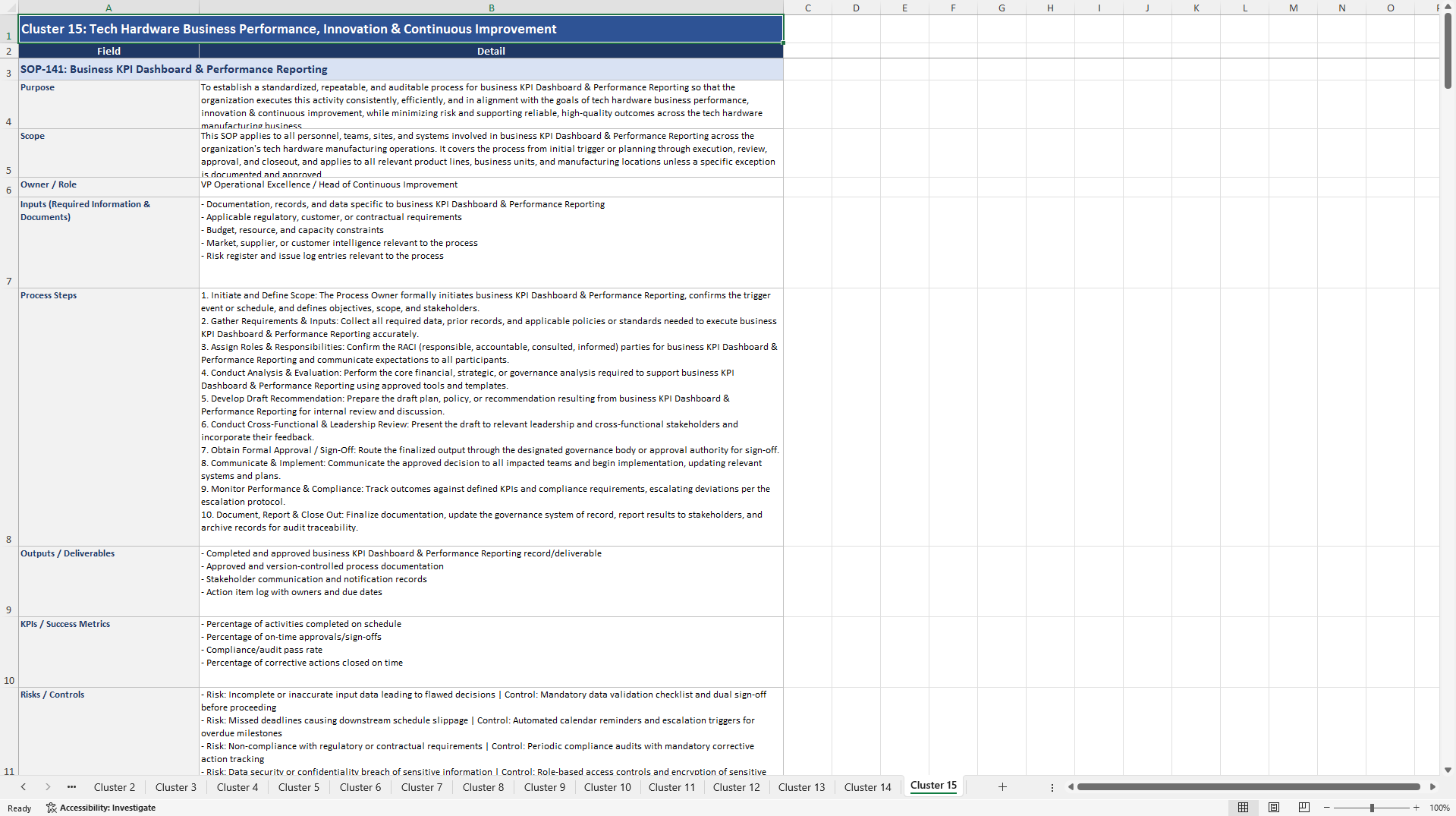 100+ Tech Hardware Manufacturer Business SOPs (Excel template (XLSX)) Preview Image