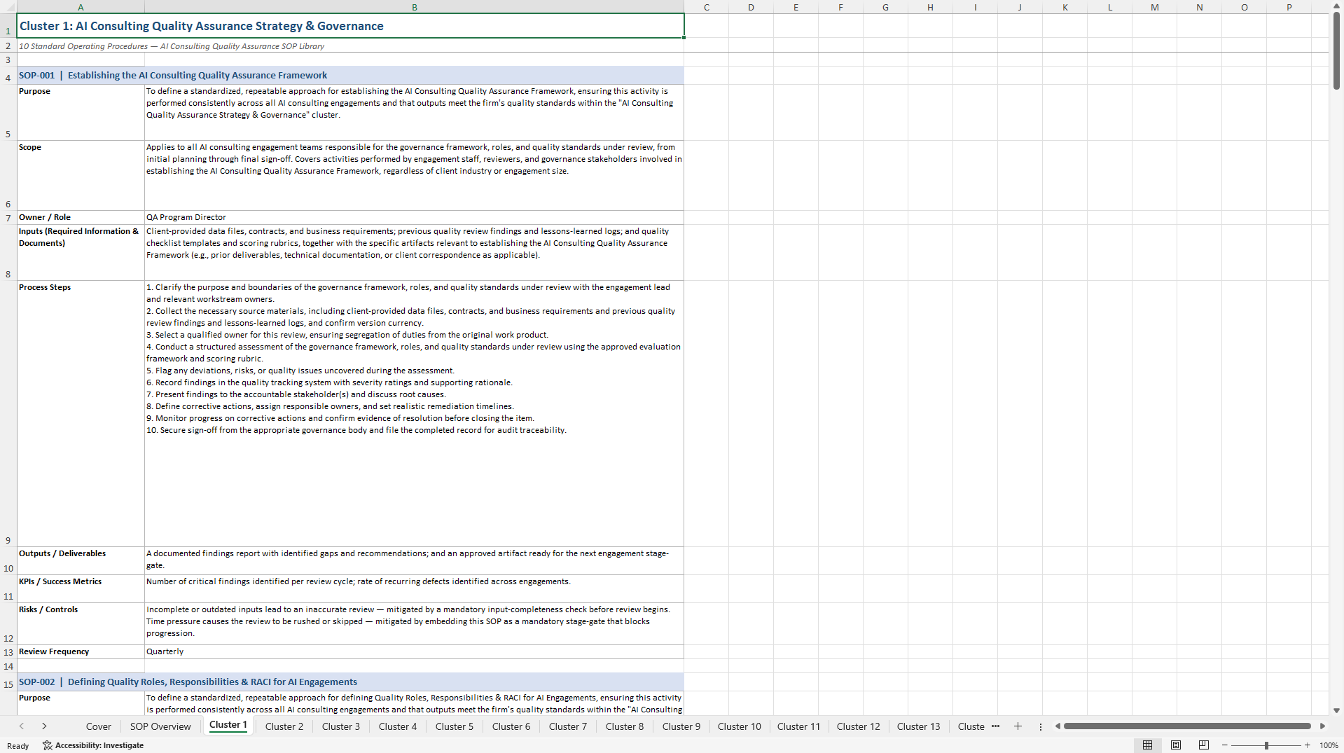 100+ AI Consulting Quality Assurance SOPs (Excel template (XLSX)) Preview Image