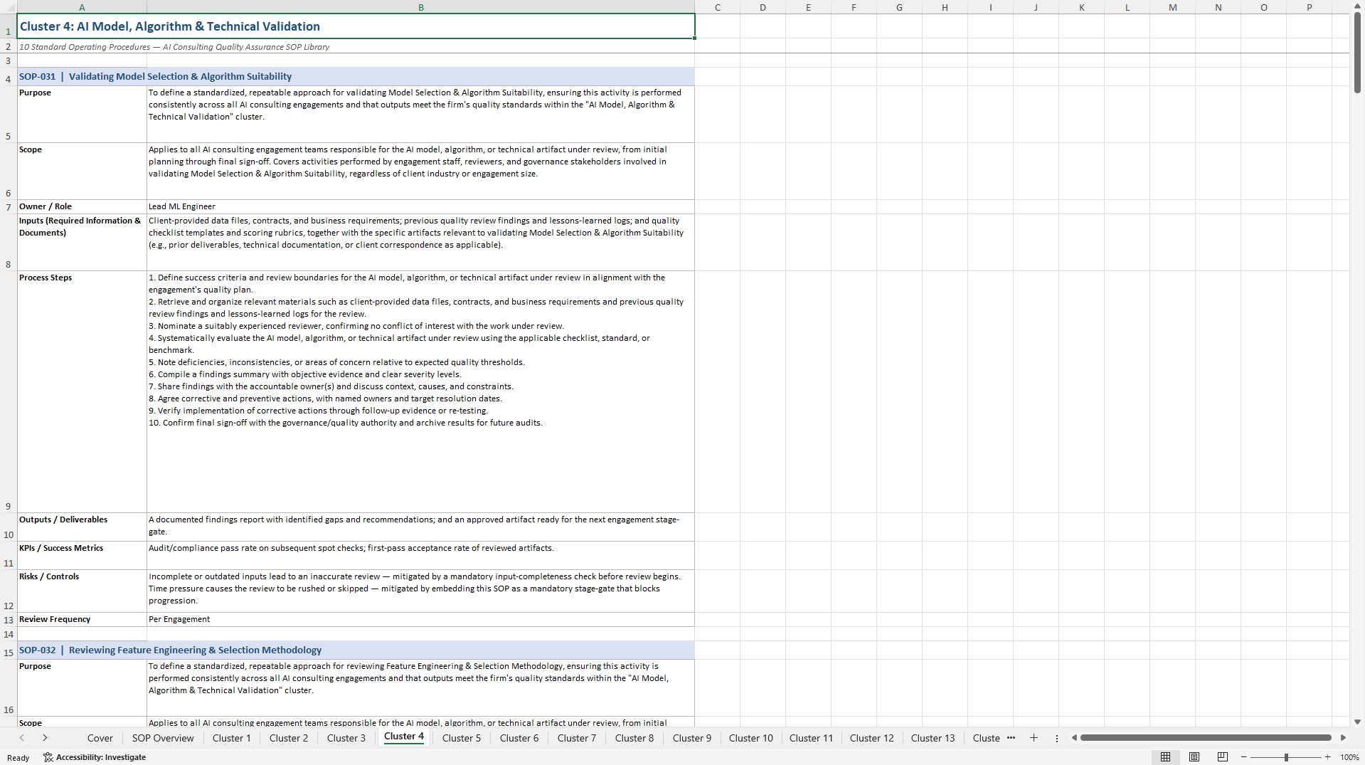 100+ AI Consulting Quality Assurance SOPs (Excel template (XLSX)) Preview Image