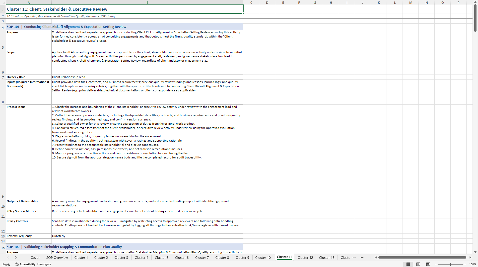 100+ AI Consulting Quality Assurance SOPs (Excel template (XLSX)) Preview Image