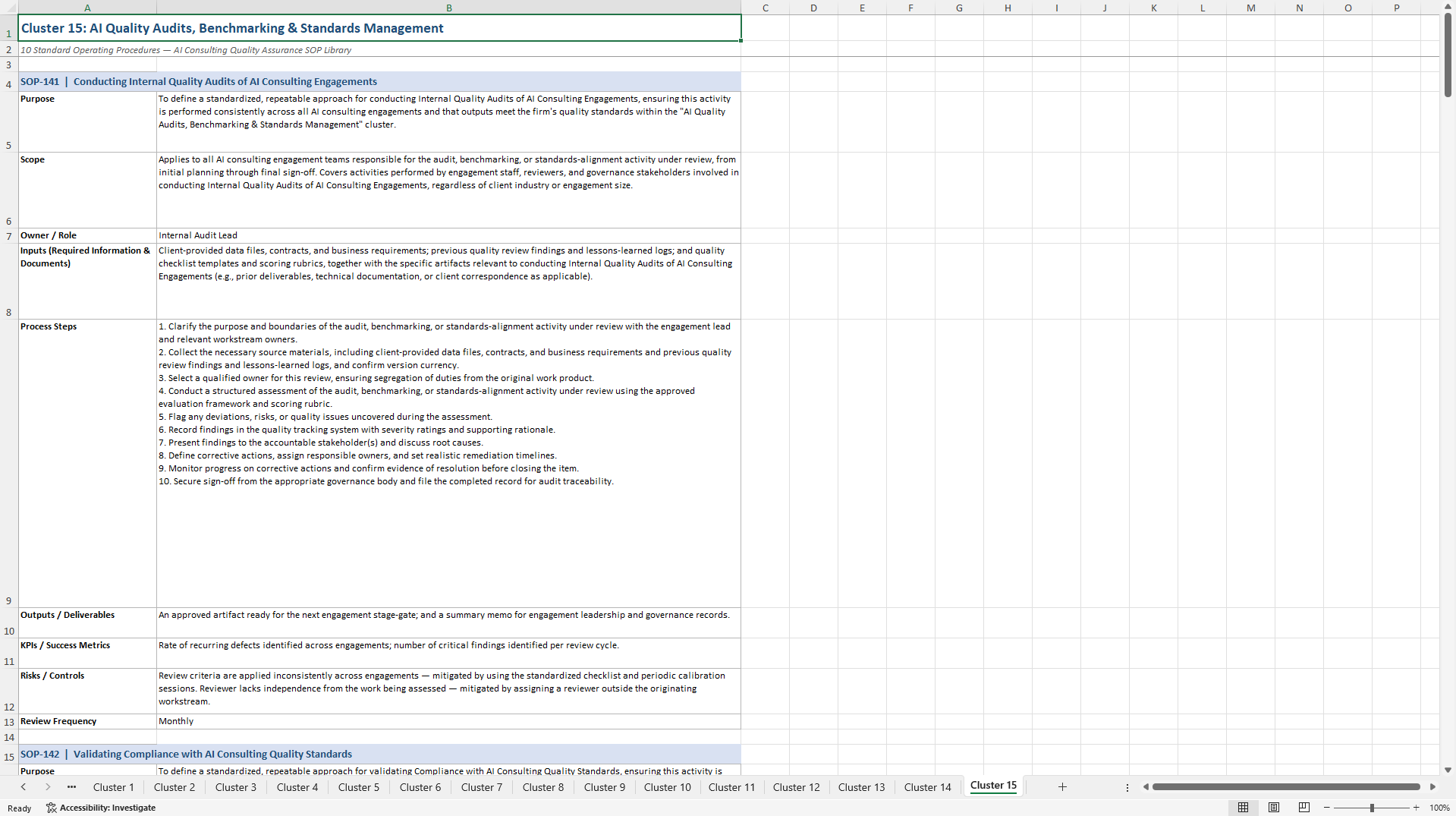 100+ AI Consulting Quality Assurance SOPs (Excel template (XLSX)) Preview Image