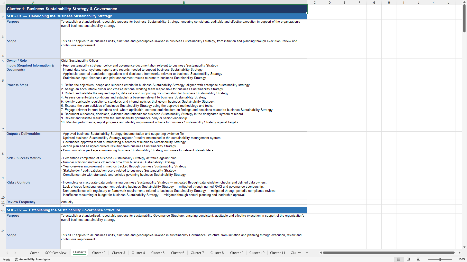 100+ Business Sustainability SOPs (Excel template (XLSX)) Preview Image