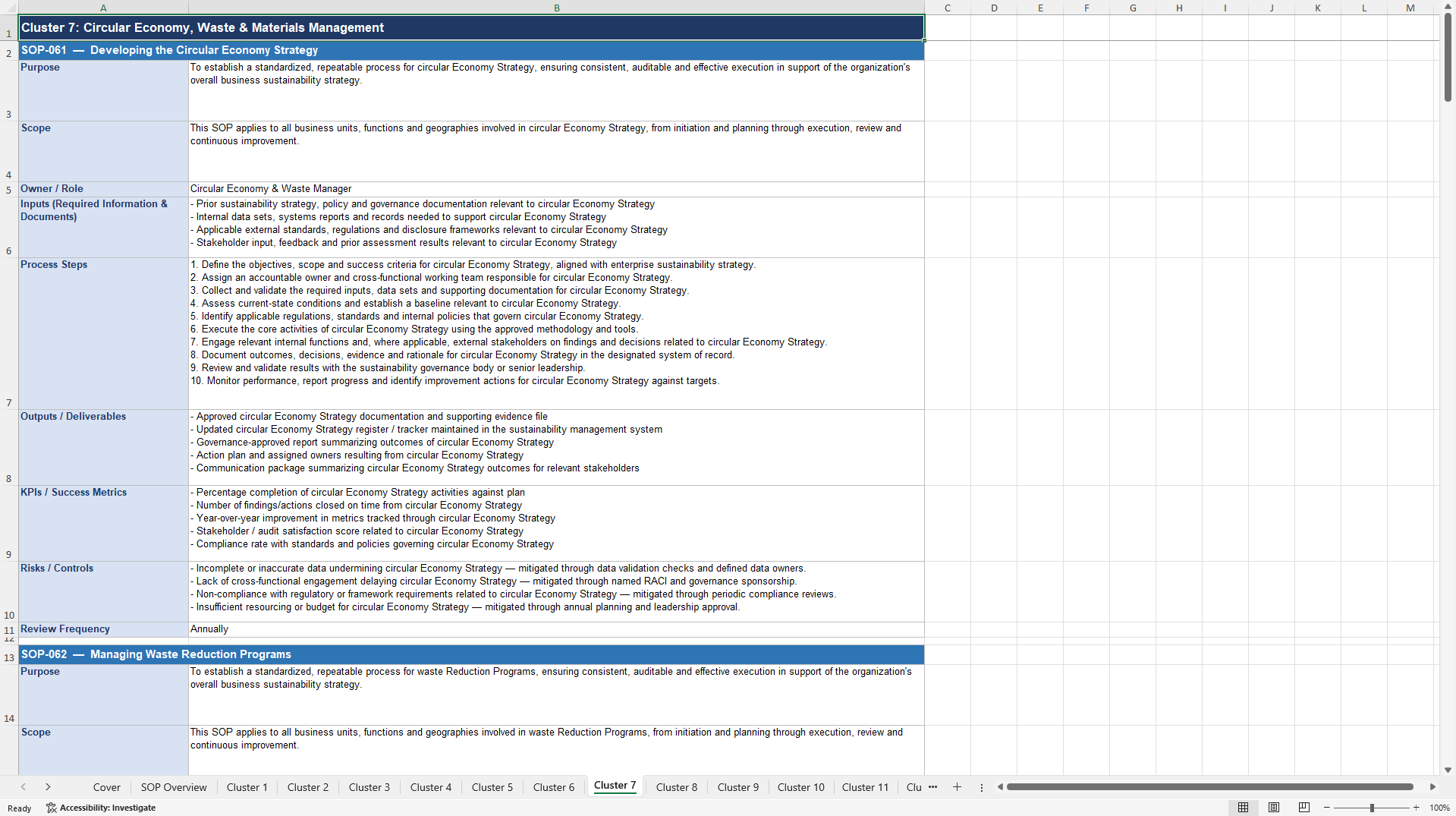 100+ Business Sustainability SOPs (Excel template (XLSX)) Preview Image