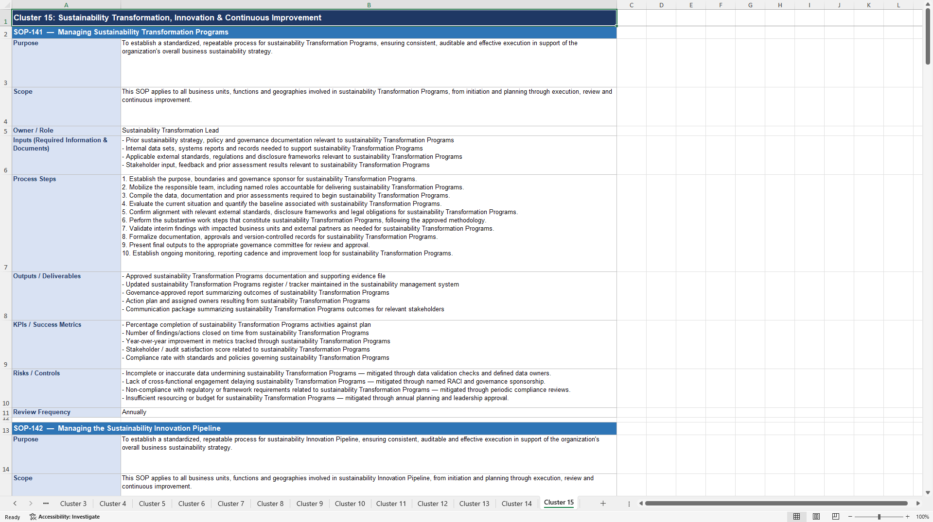100+ Business Sustainability SOPs (Excel template (XLSX)) Preview Image