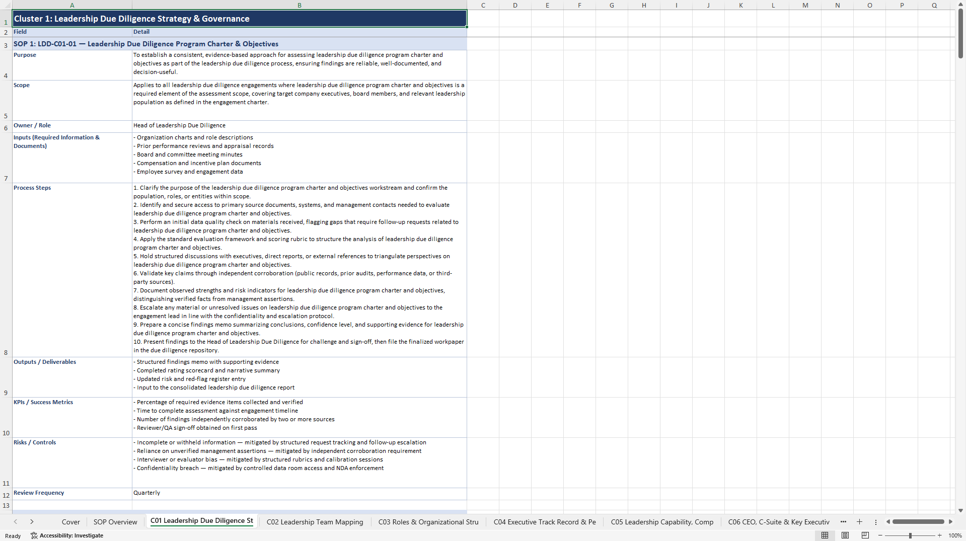 100+ Leadership Due Diligence SOPs (Excel template (XLSX)) Preview Image