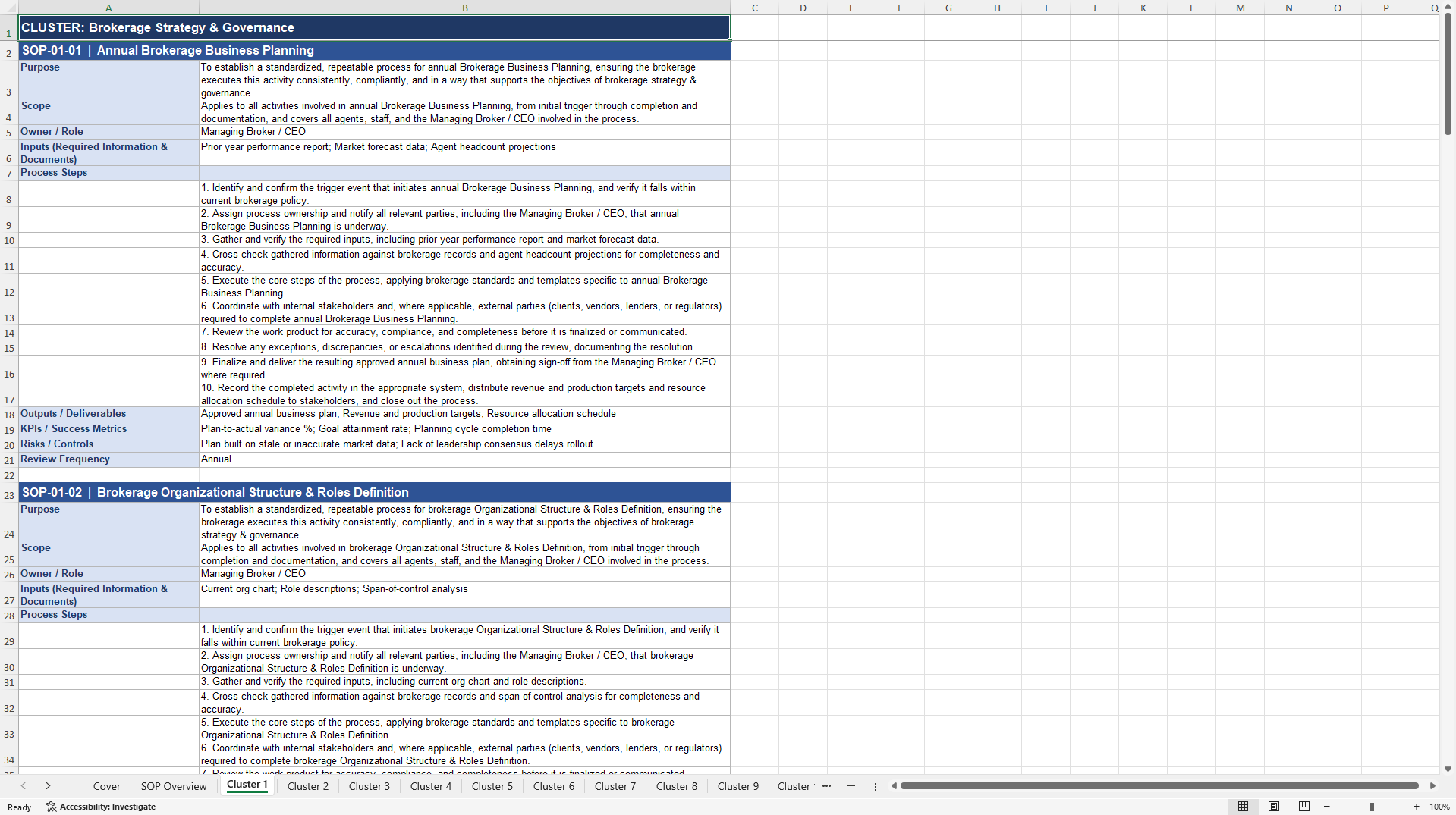 100+ Real Estate Brokerage SOPs (Excel template (XLSX)) Preview Image
