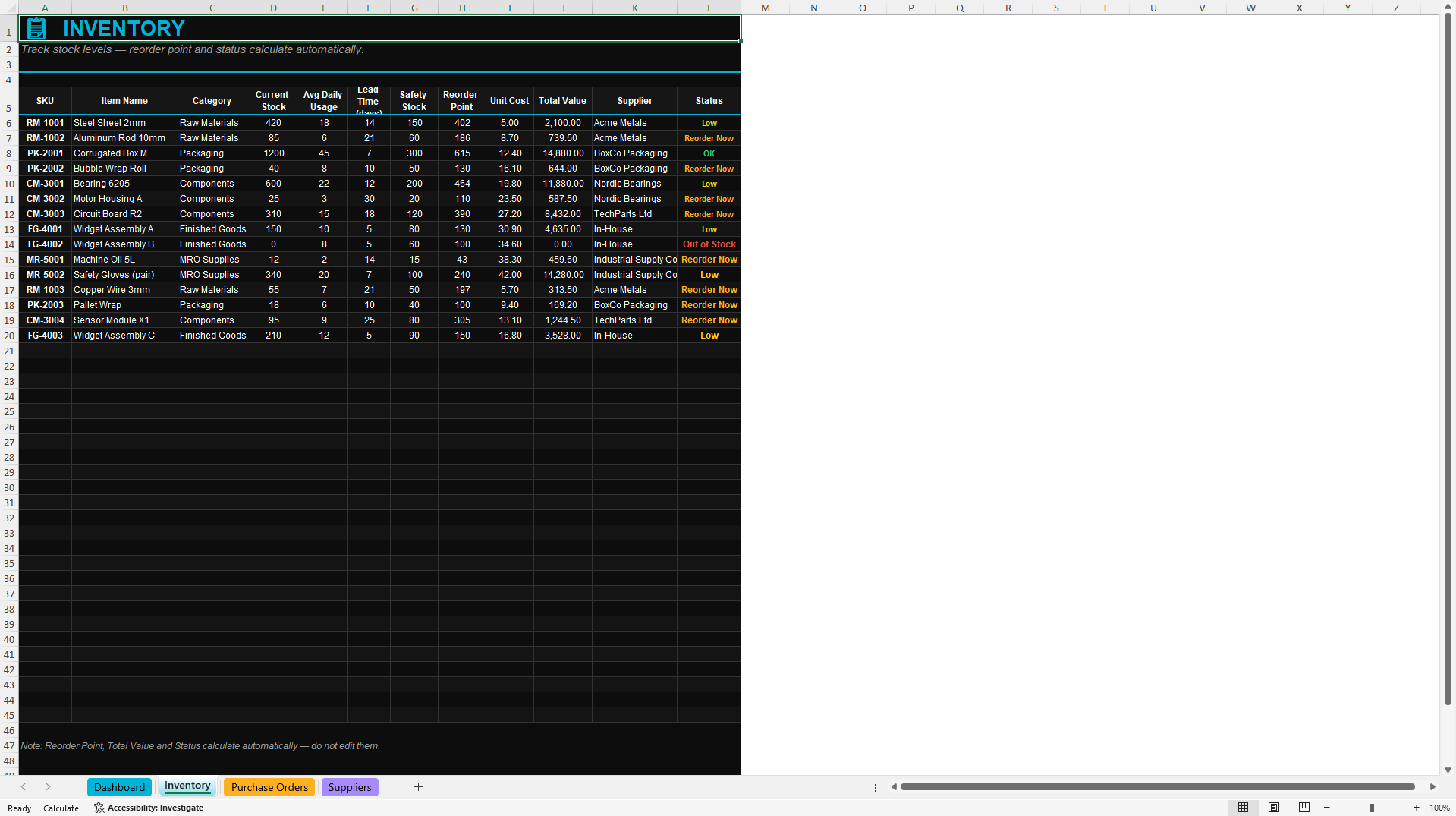 Supply Chain & Inventory Operations Dashboard (Excel template (XLSX)) Preview Image