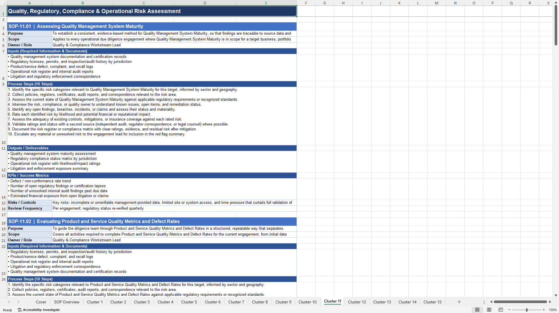 100+ Operational Due Diligence Consulting SOPs (Excel template (XLSX)) Preview Image