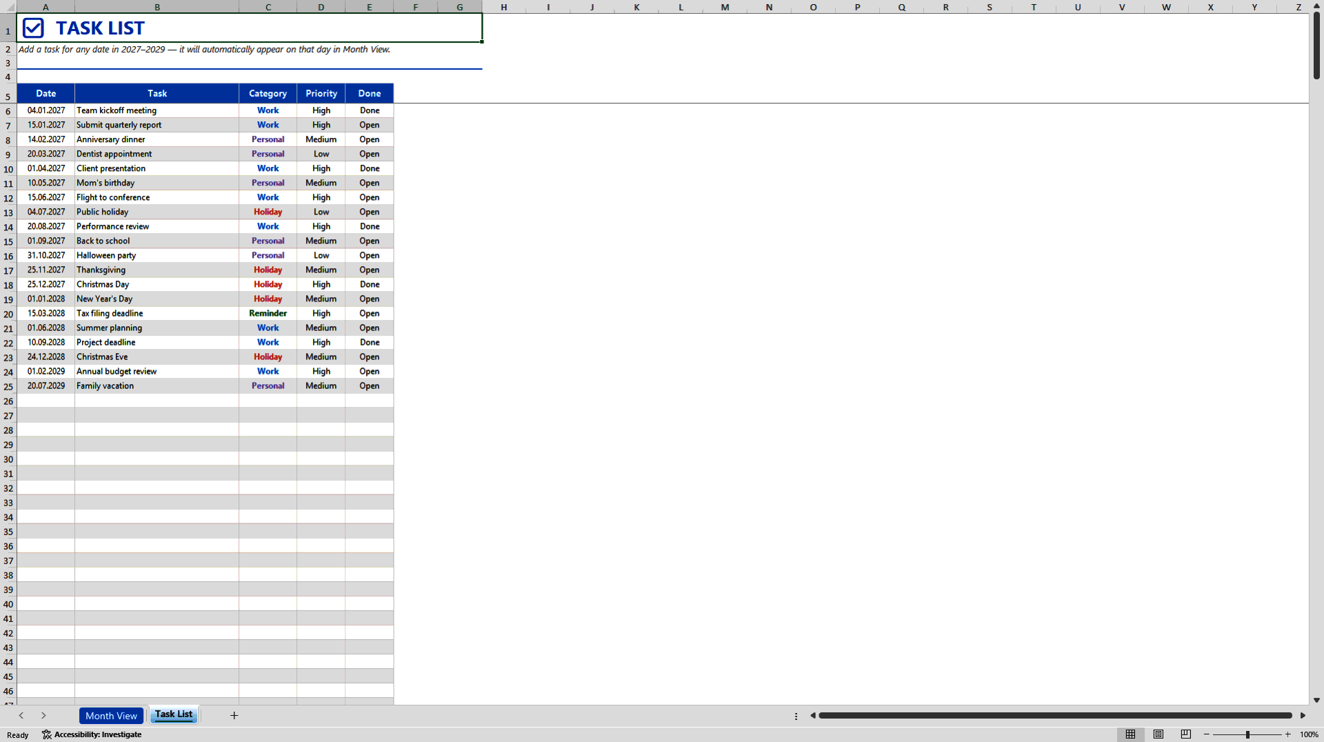 Automatic Multi-Year Calendar & Planner (Excel template (XLSX)) Preview Image