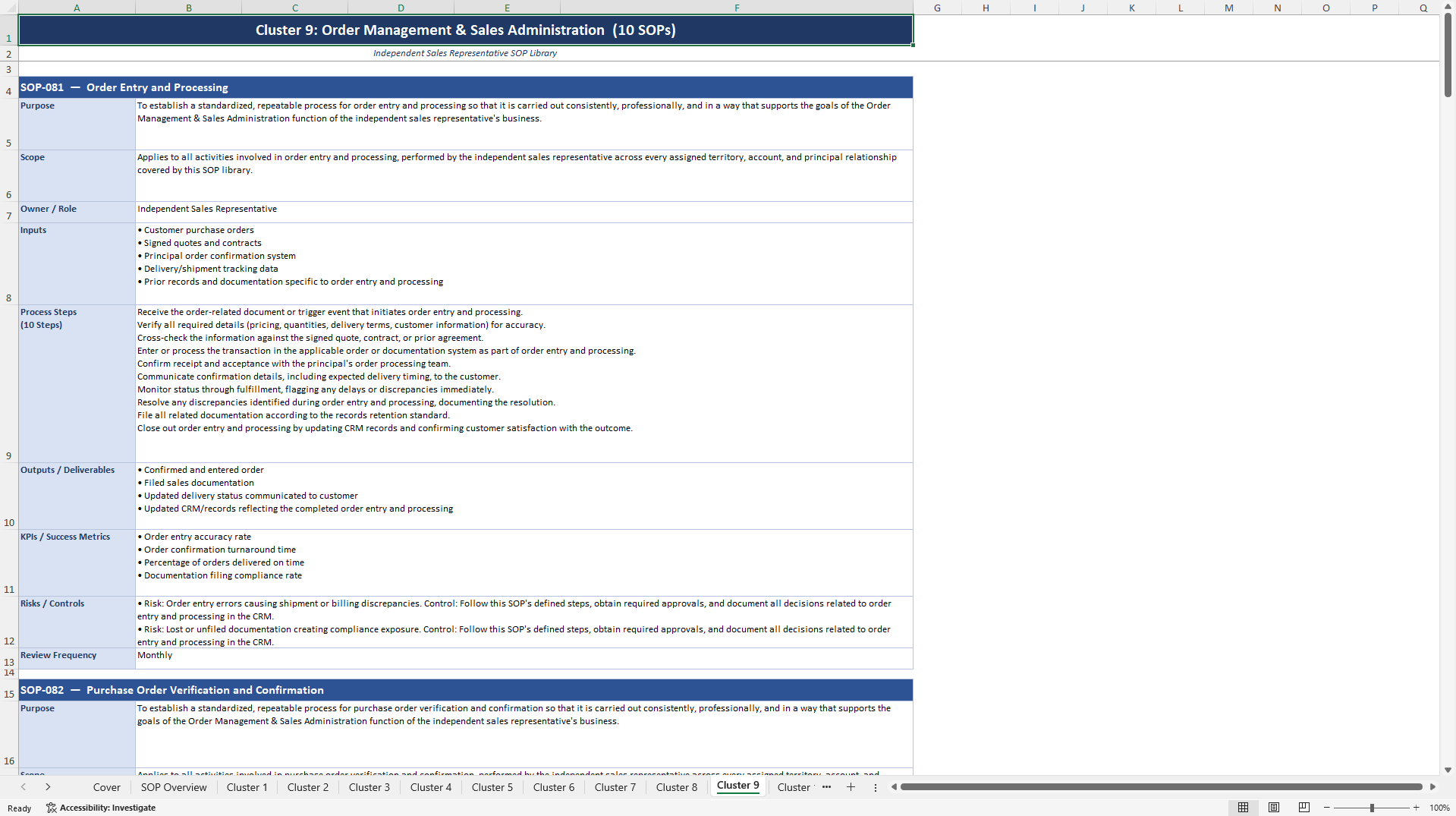 100+ Independent Sales Representative SOPs (Excel template (XLSX)) Preview Image