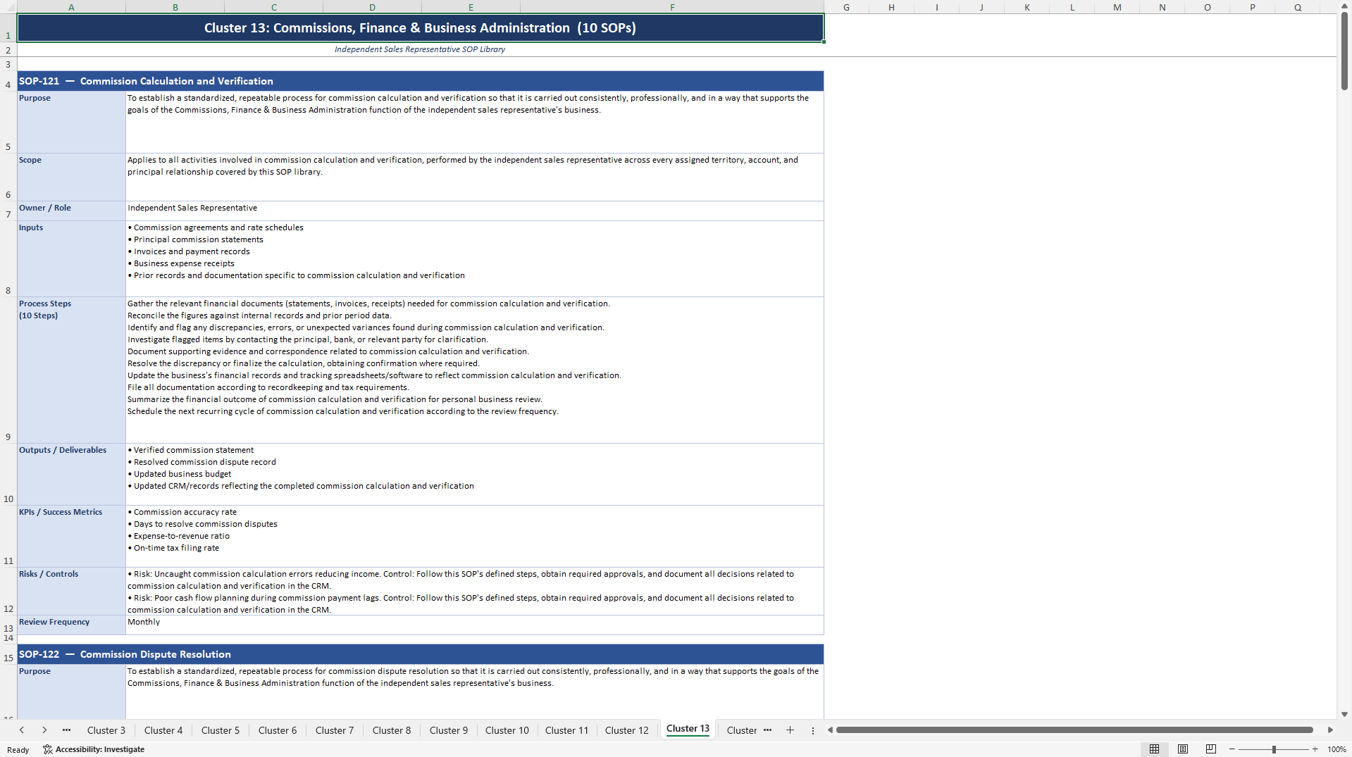 100+ Independent Sales Representative SOPs (Excel template (XLSX)) Preview Image