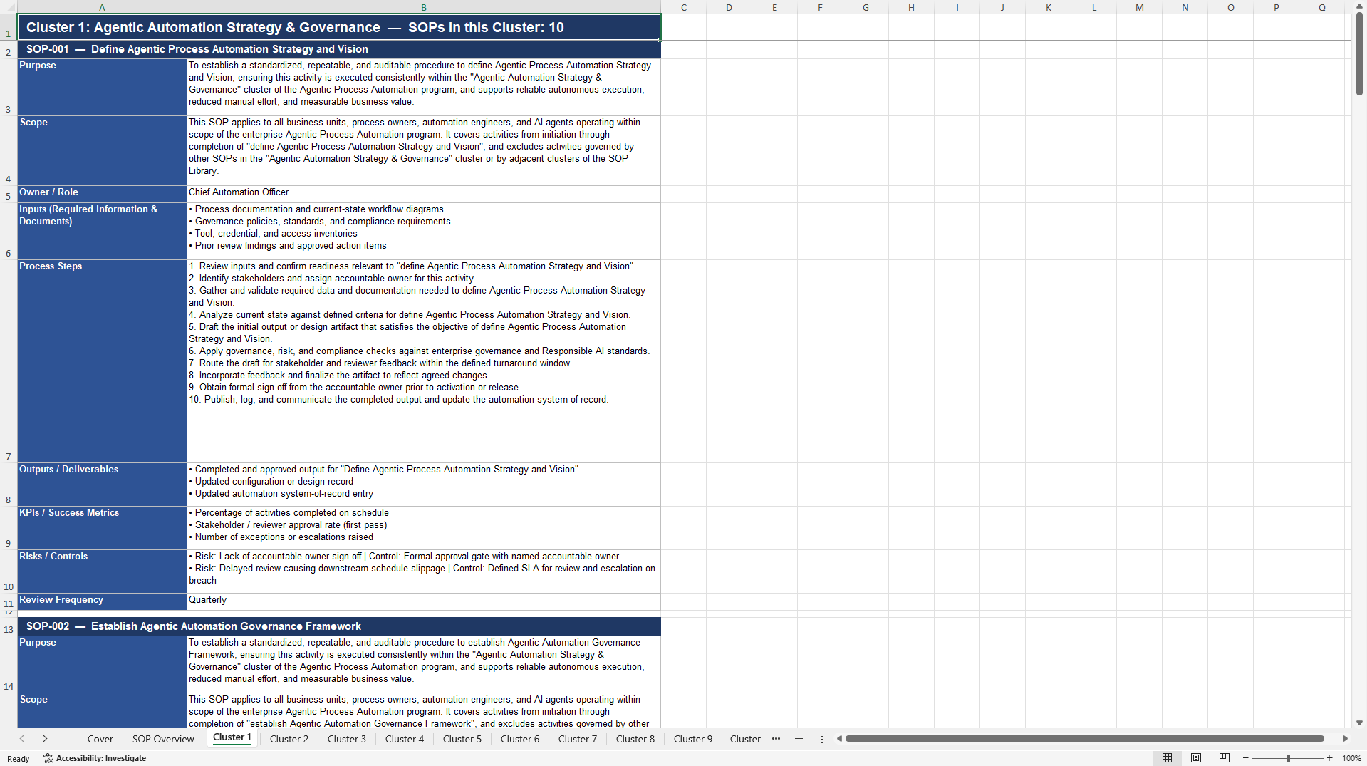 100+ Agentic Process Automation SOPs (Excel template (XLSX)) Preview Image