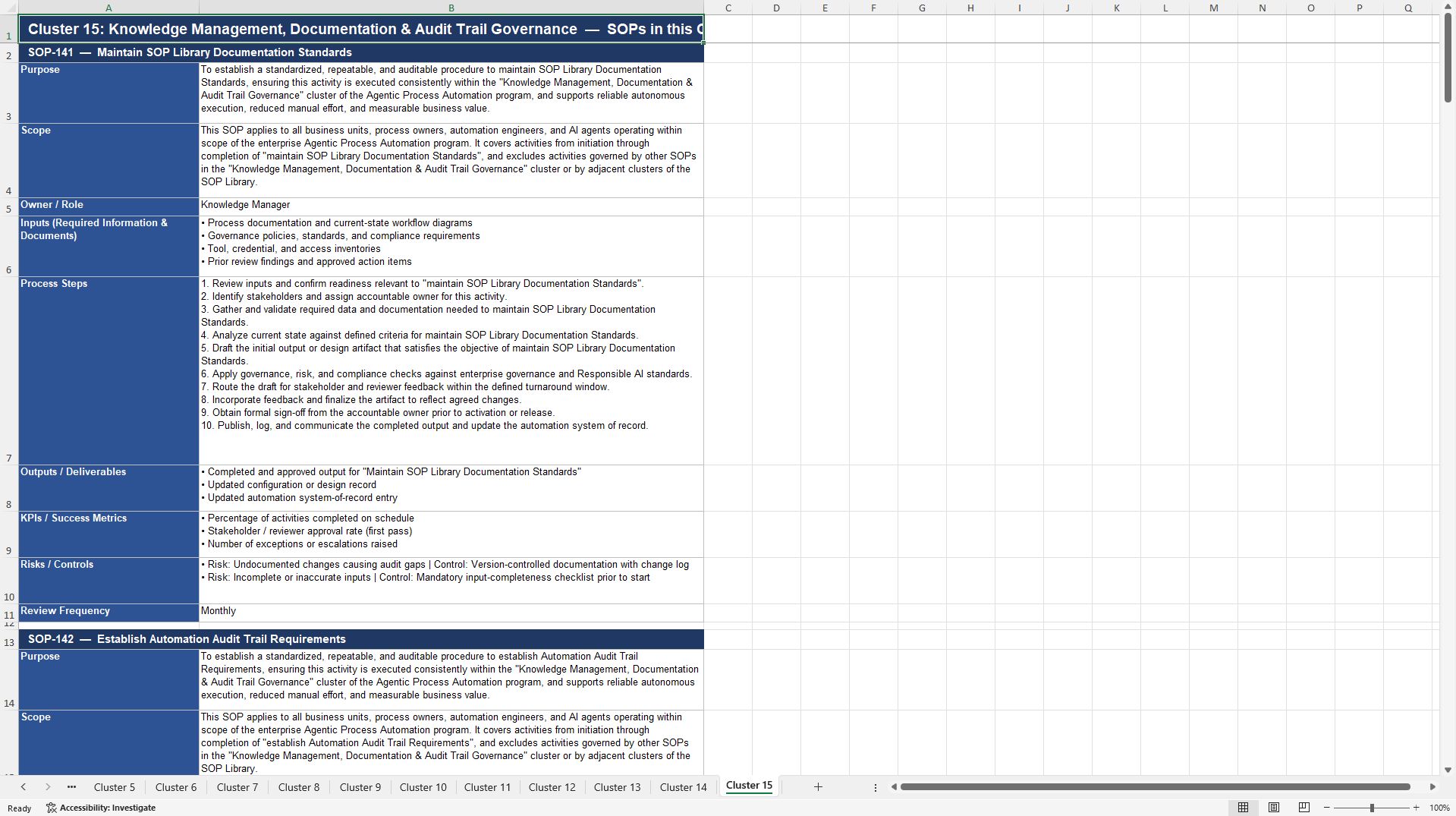 100+ Agentic Process Automation SOPs (Excel template (XLSX)) Preview Image