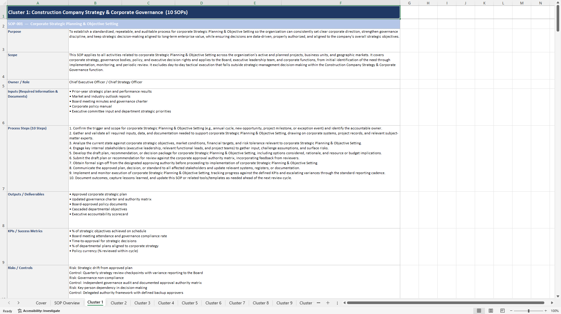100+ Construction Company Strategic Management SOPs (Excel template (XLSX)) Preview Image
