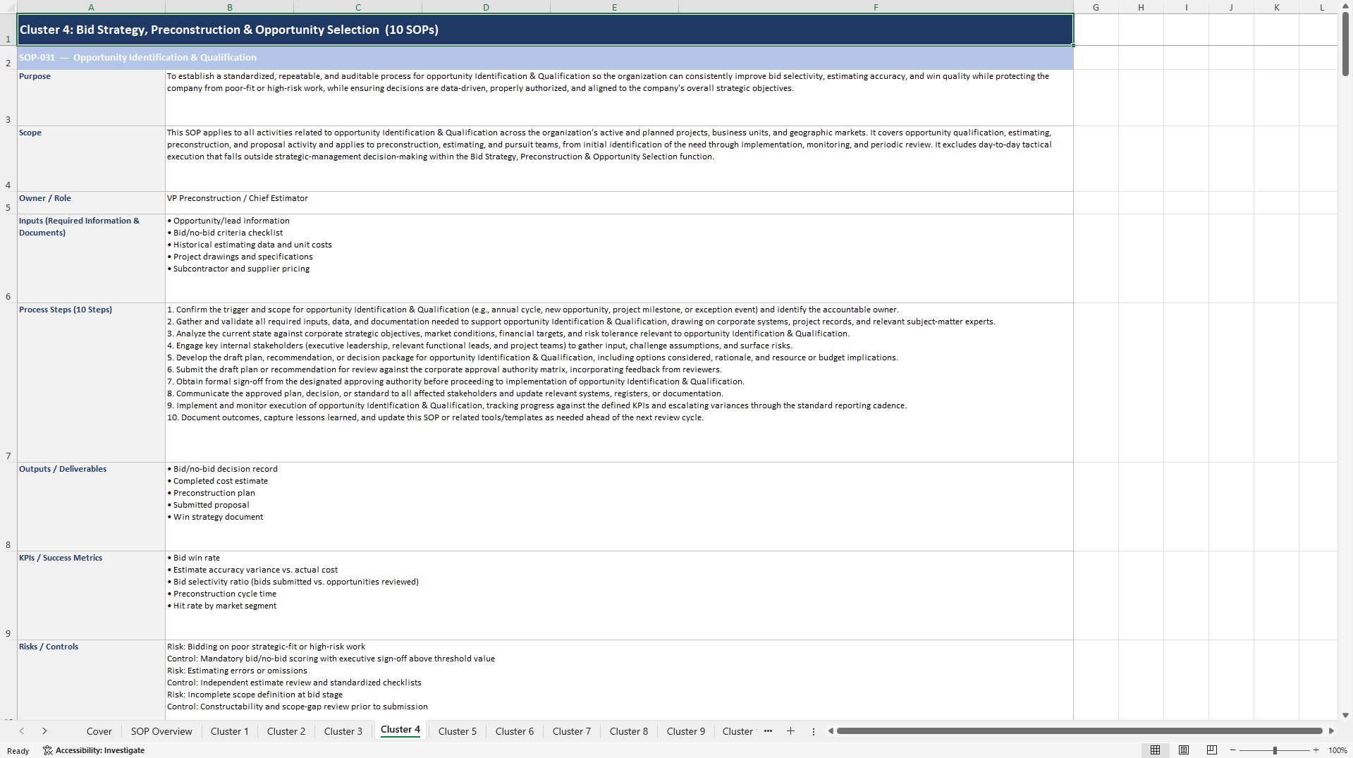 100+ Construction Company Strategic Management SOPs (Excel template (XLSX)) Preview Image