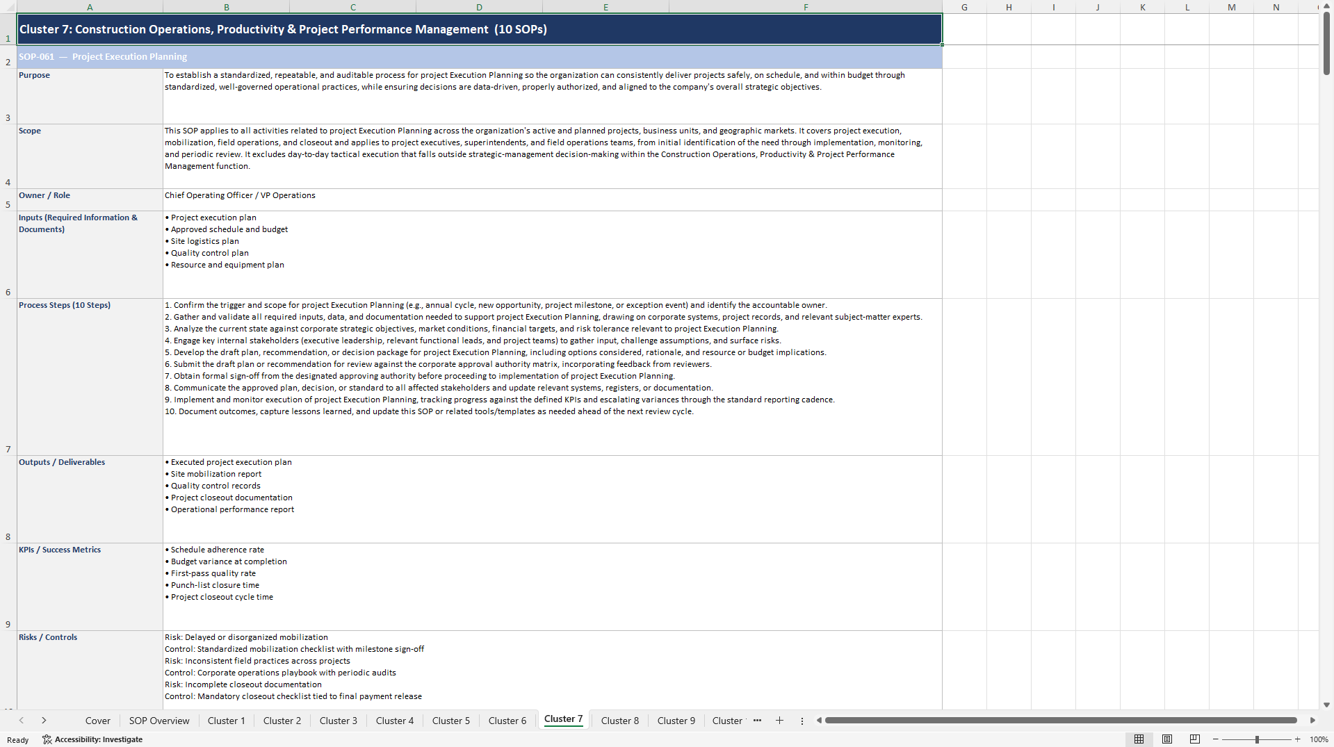 100+ Construction Company Strategic Management SOPs (Excel template (XLSX)) Preview Image