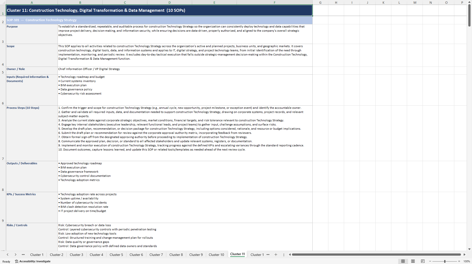 100+ Construction Company Strategic Management SOPs (Excel template (XLSX)) Preview Image