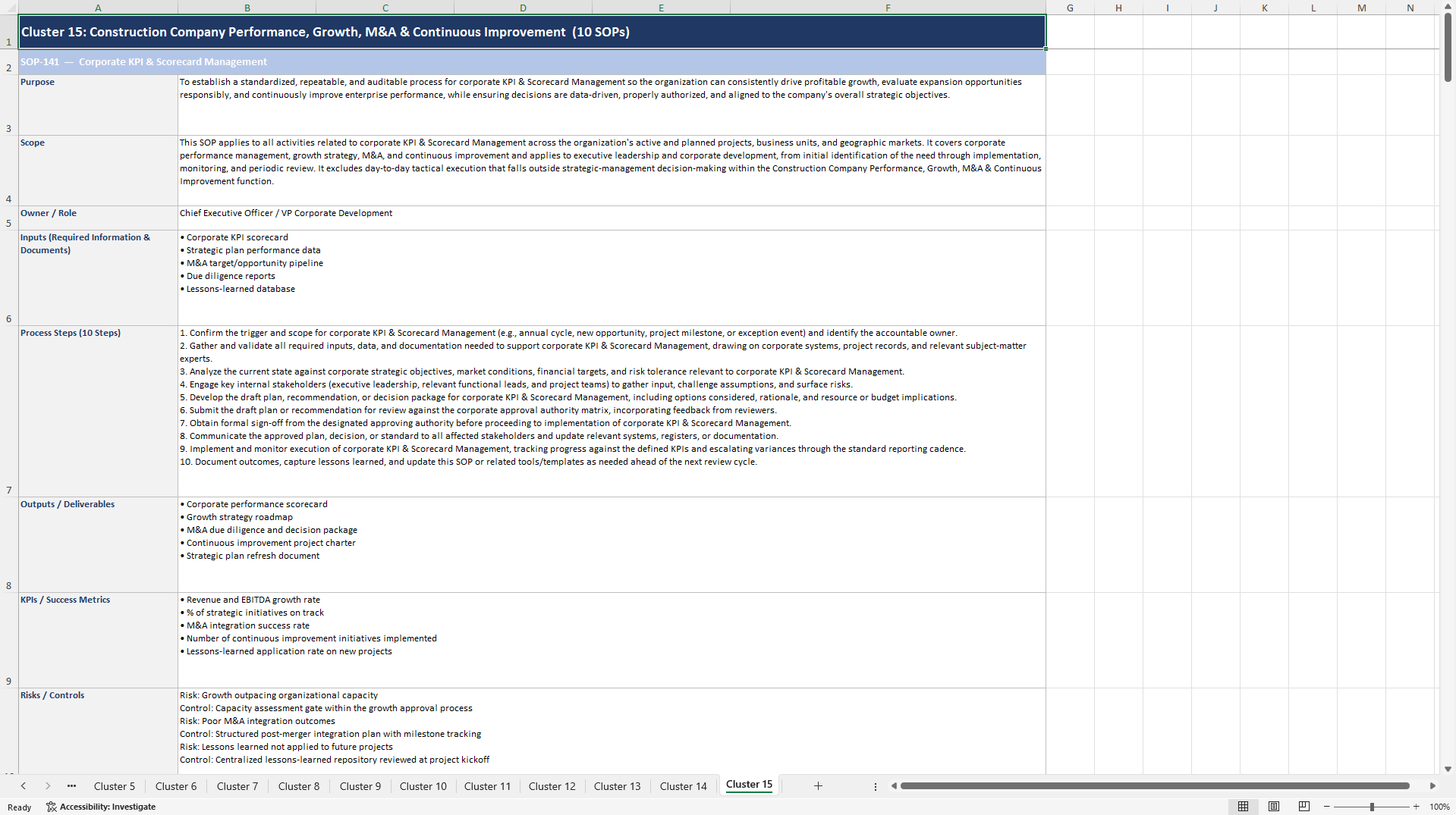 100+ Construction Company Strategic Management SOPs (Excel template (XLSX)) Preview Image
