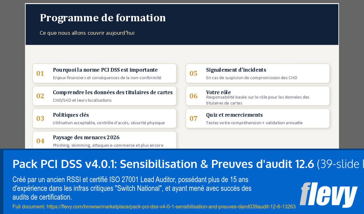 Pack PCI DSS v4.0.1: Sensibilisation & Preuves d'audit 12.6 (39-slide PPT PowerPoint presentation template (PPTX)) Preview Image