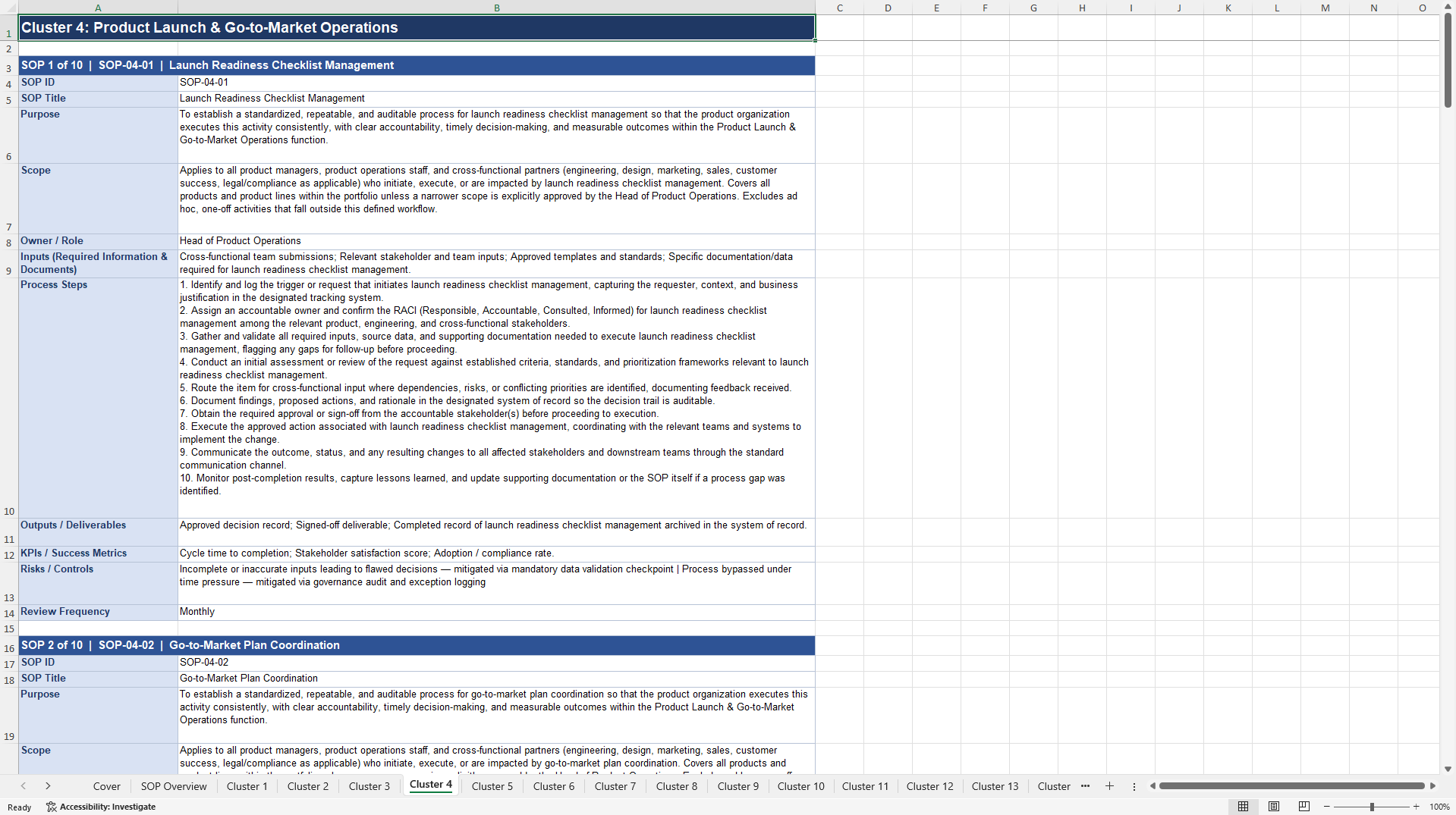 100+ Product Operations SOPs (Excel template (XLSX)) Preview Image
