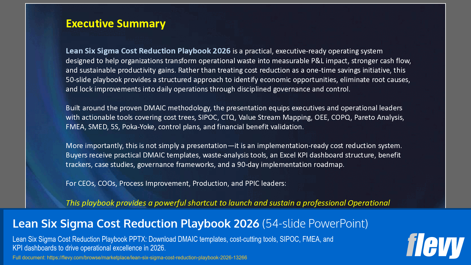 Lean Six Sigma Cost Reduction Playbook 2026 (54-slide PPT PowerPoint presentation template (PPTX)) Preview Image