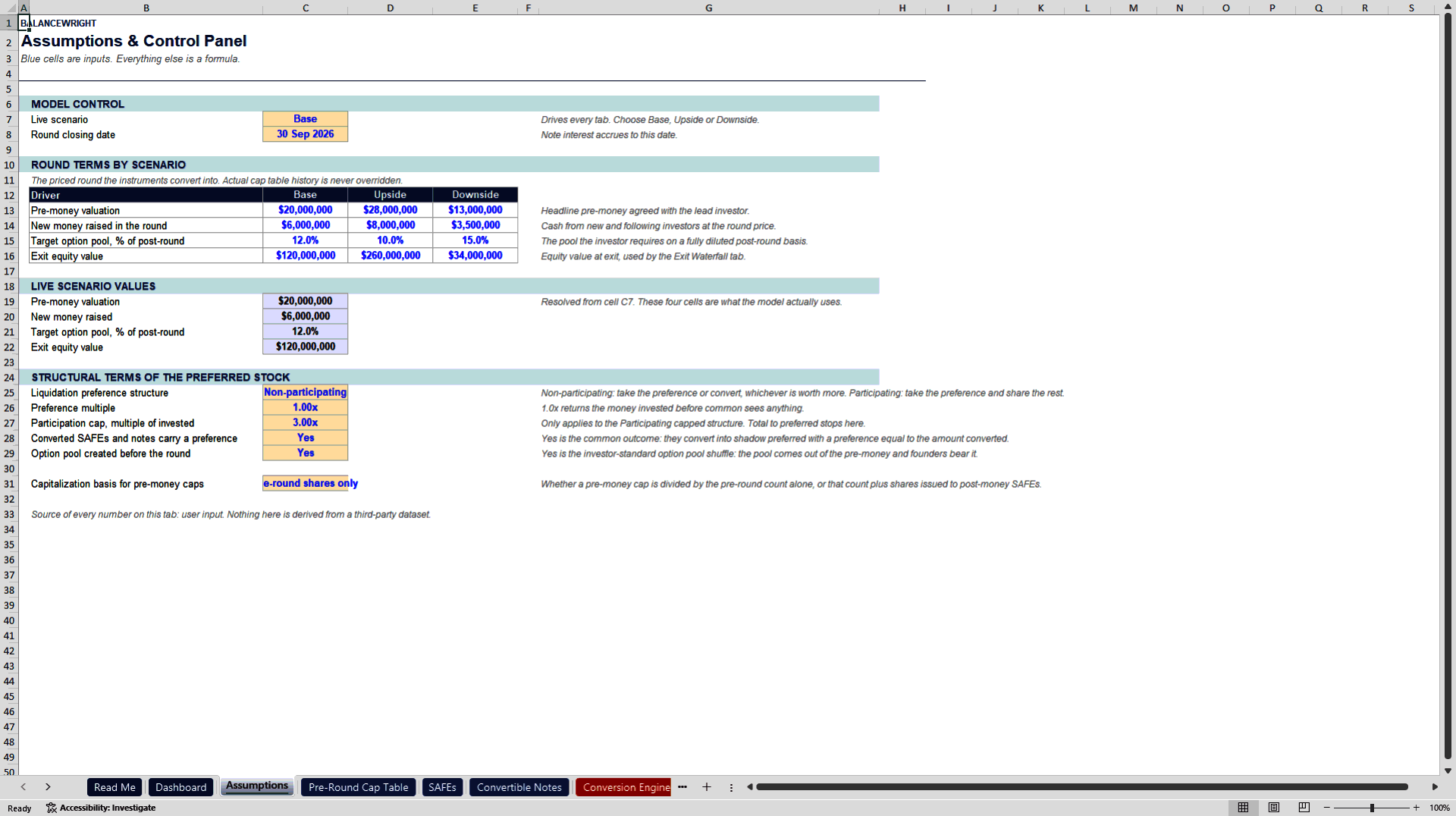 Cap Table, SAFE & Convertible Note Dilution Waterfall (Excel template (XLSX)) Preview Image
