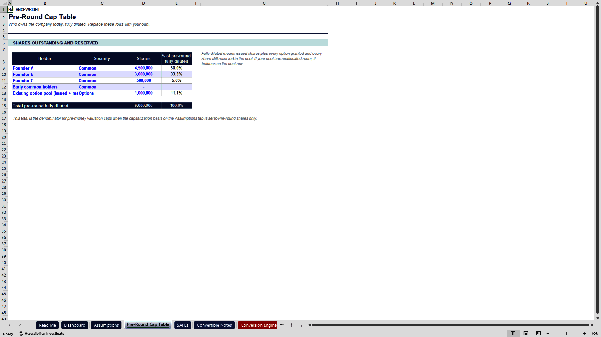 Cap Table, SAFE & Convertible Note Dilution Waterfall (Excel template (XLSX)) Preview Image