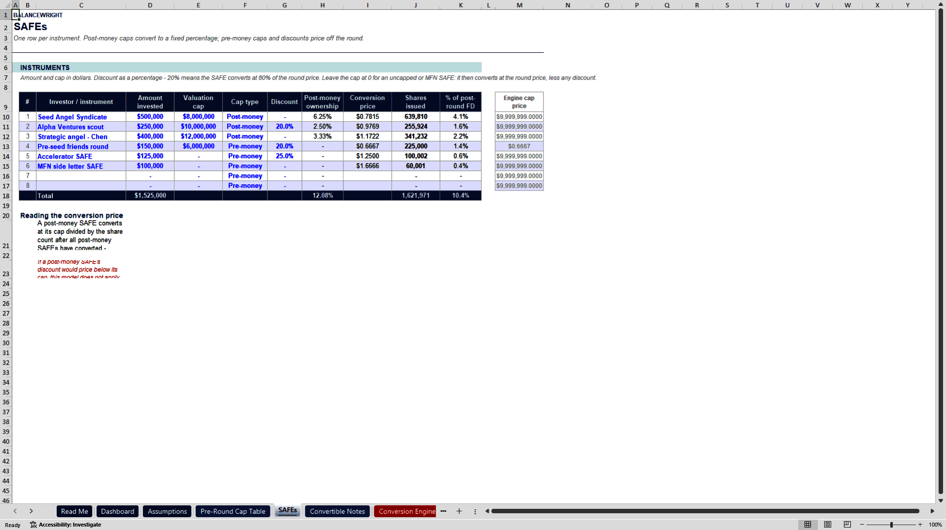 Cap Table, SAFE & Convertible Note Dilution Waterfall (Excel template (XLSX)) Preview Image