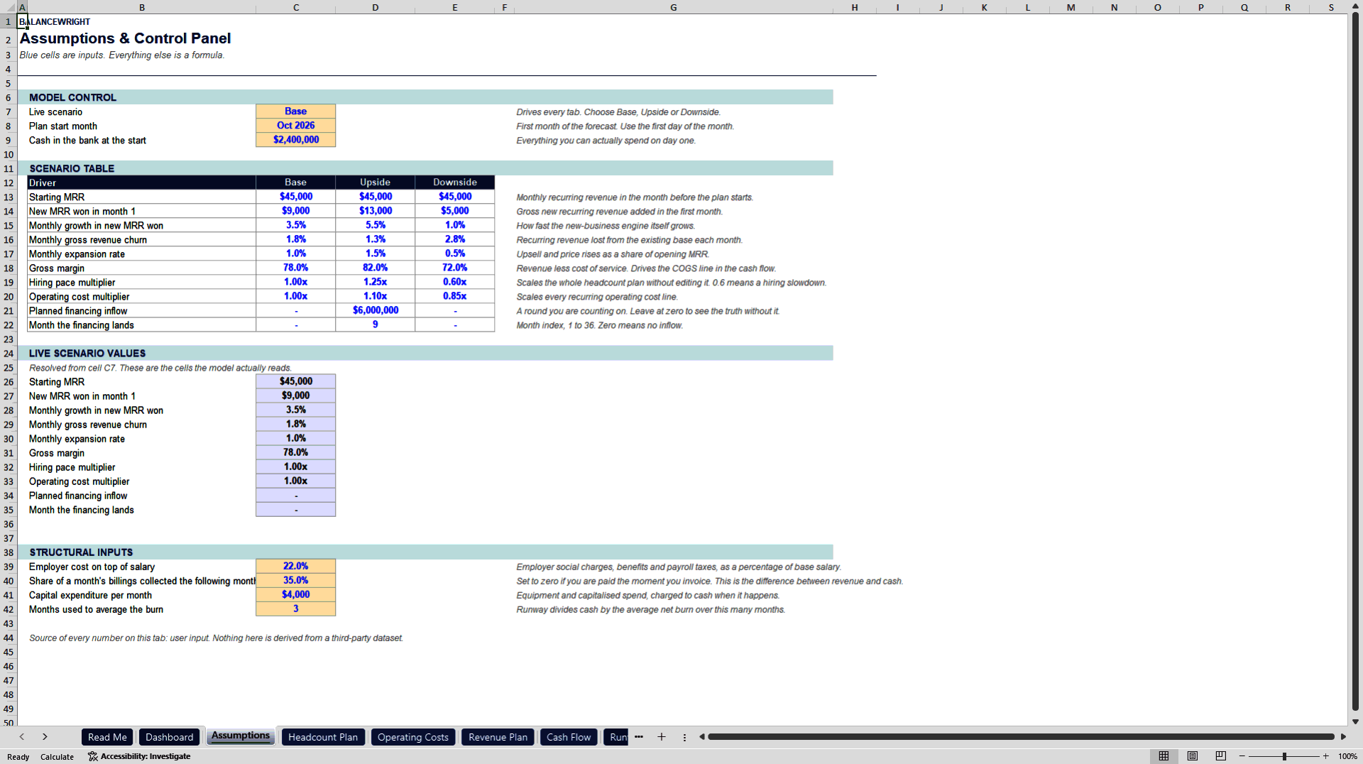 Startup Runway & Burn Planner: Cash-Out Date & Burn (Excel template (XLSX)) Preview Image