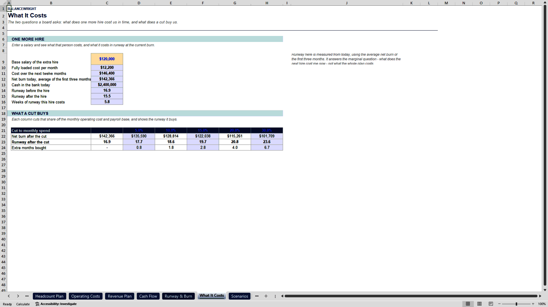 Startup Runway & Burn Planner: Cash-Out Date & Burn (Excel template (XLSX)) Preview Image