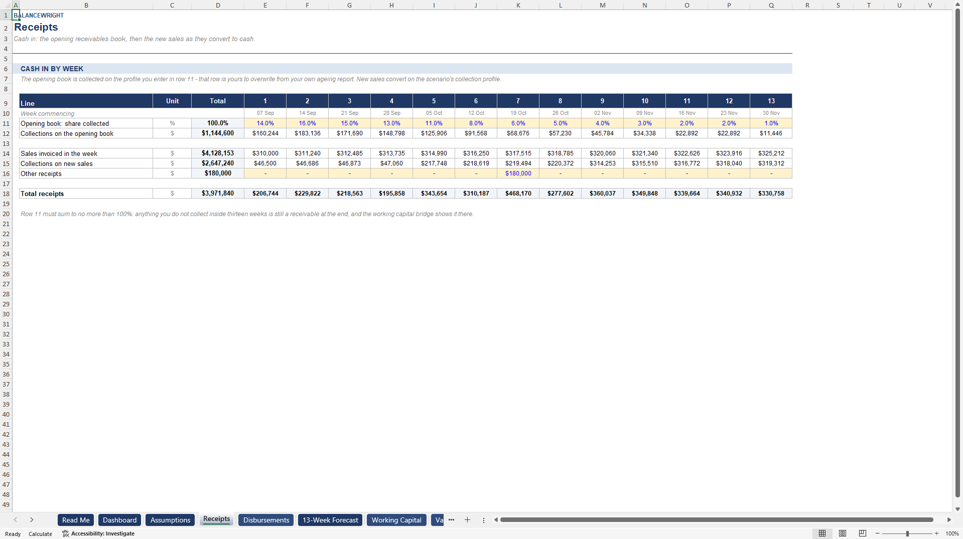 13-Week Cash Flow Forecast & Working Capital Bridge (Excel template (XLSX)) Preview Image